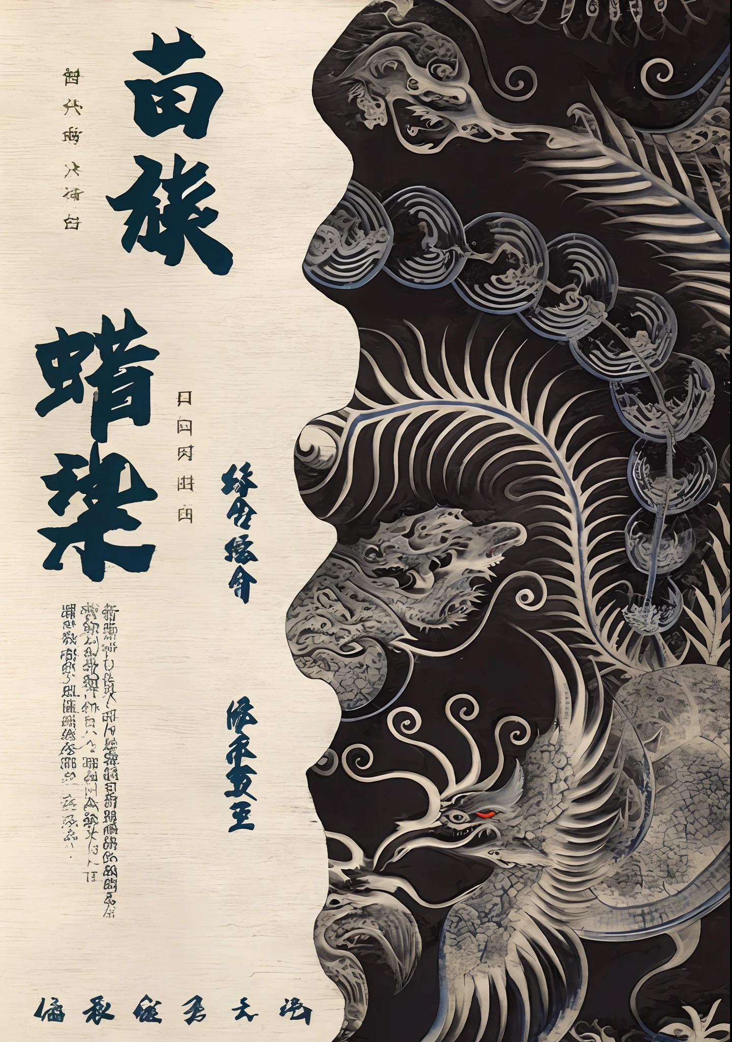 there is a blue and white picture of a woman with a dragon on it, 千 葉 雄 大, 中 元 节, by Kanō Tan'yū, 中 国 鬼 节, album cover, cover, book cover, qi baishi style, poster, cover art