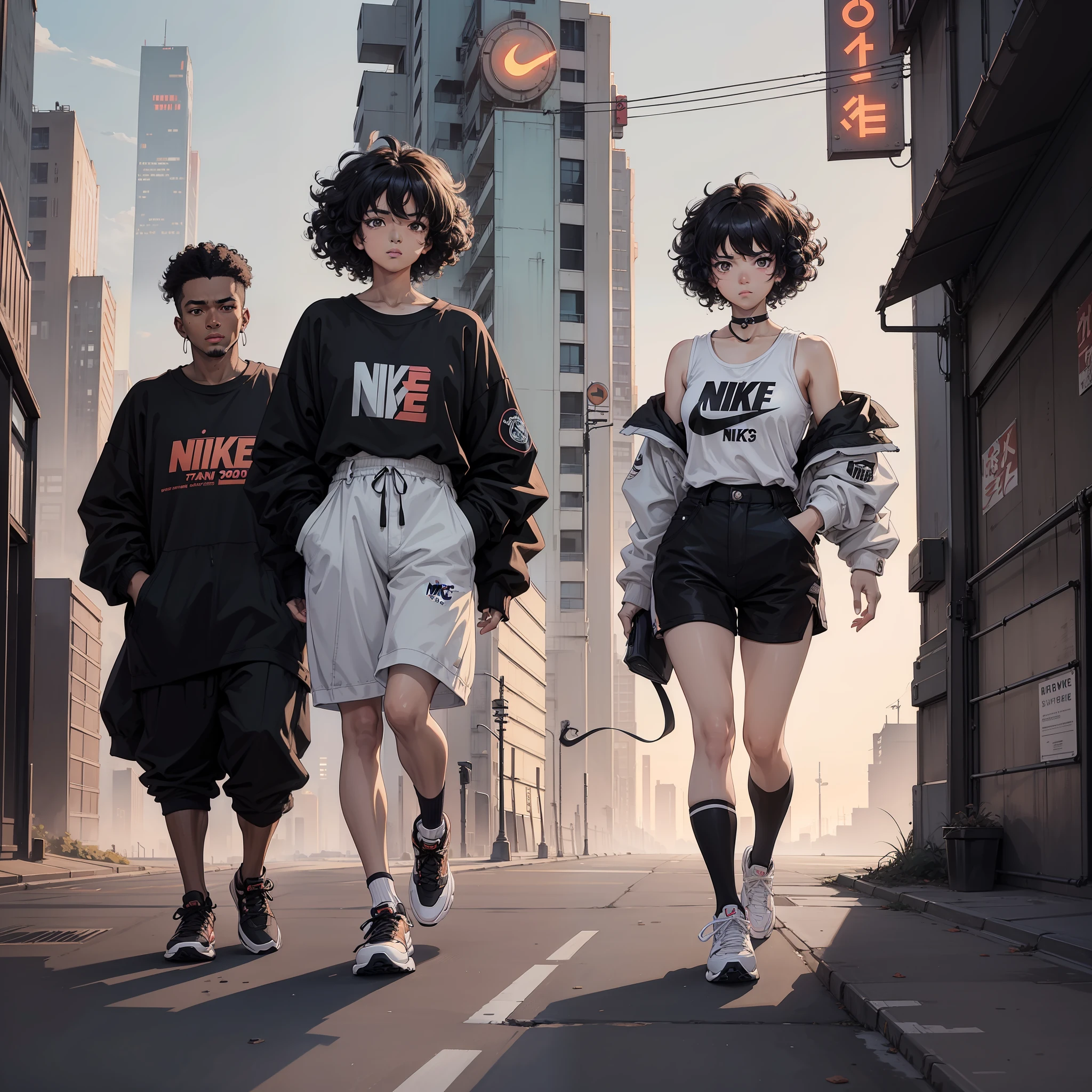 Best Quality, Masterpiece, Ultra High Resolution, (Realism: 1.4), Original Photo, 1Guy, (Black Race), (Brown Skin: 1.4), (Detailed Face),Black Eyes, Off-the-Shoulders, Cinematic Lighting, Black Hair, (Curly Hair), (Black Power Hair) At sunset, high from an open area in a building, (Nike sneakers), fashion, wearing trendy clothes, anime style 90s, in a cyberpunk city, (neon by the city), semi futuristic city