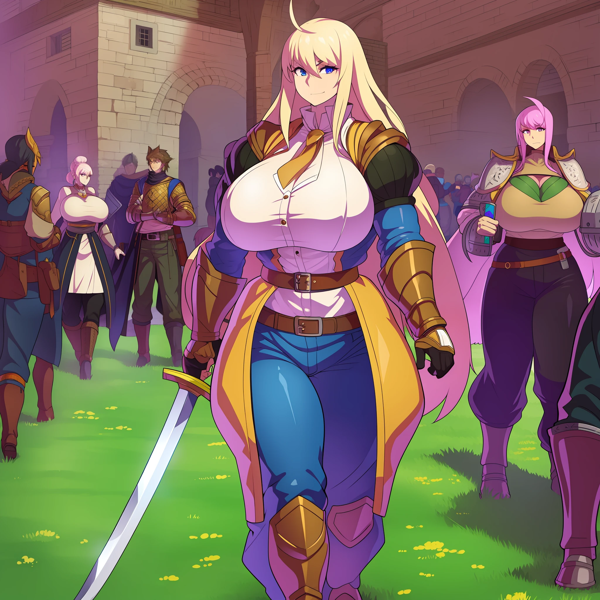 muscle girl,huge breast,, tall female, ,pants, solo focus, 1character, portrait full body,pale skinned female, palladin armor, sword holding, knight, vest, coat, walking, medieval clothing, long hair, blond hair,