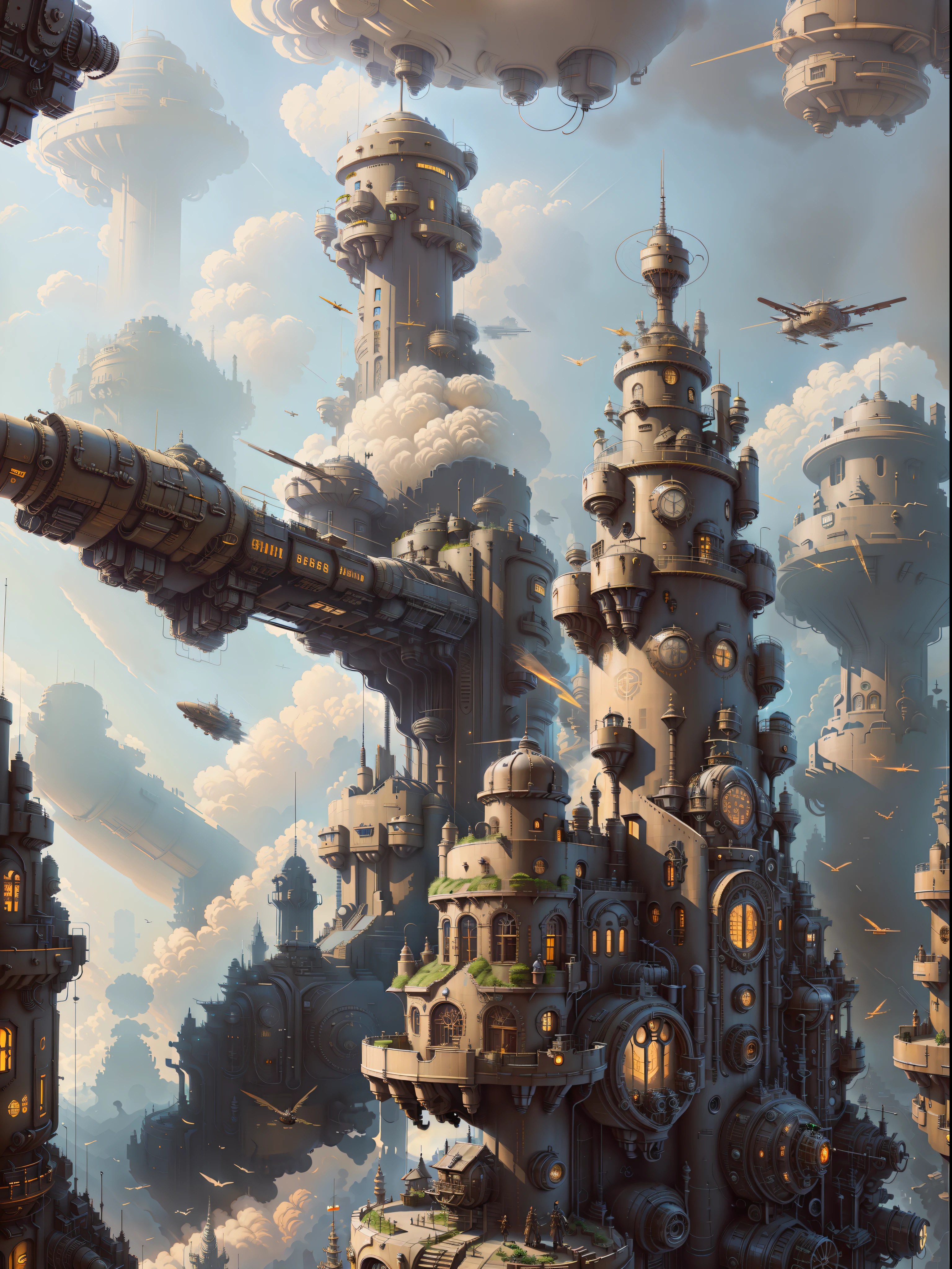 there are many different types of buildings in this picture, in steampunk cityscape, flying cloud castle, a steampunk city, steampunk concept art, steampunk villages castles, victorian steampunk mega city, steampunk city, inspired by Ian McQue, very far royal steampunk castle, steampunk city background, ancient steampunk city, detailed digital concept art, flying ships in the background