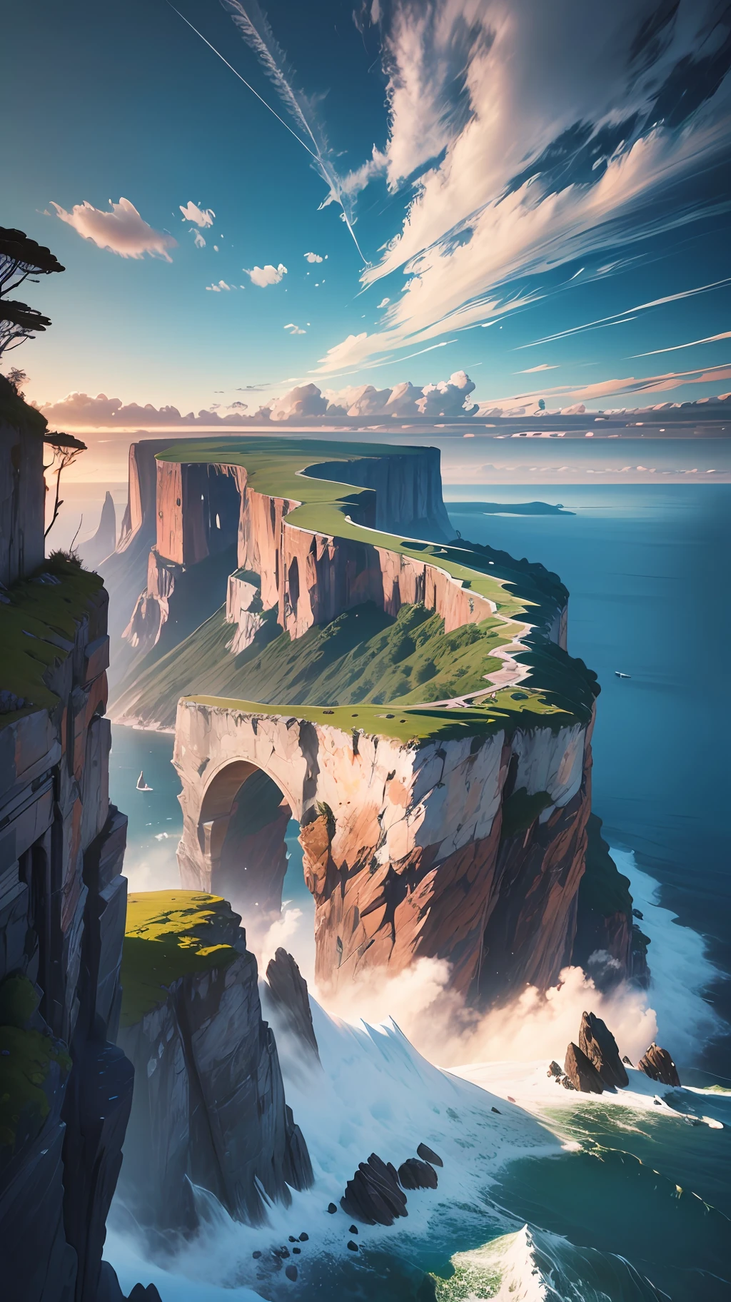 there is a man sitting on a cliff overlooking the ocean, max rive, ocean cliff view, breathtaking scenery, by Alexander Kucharsky, by Etienne Delessert, alexey egorov, breathtaking landscape, epic matte painting of an island, epic scenic shot, epic and stunning, cliffside ocean scene, amazing landscape in background, breathtaking shot, amazing landscape --auto --s2