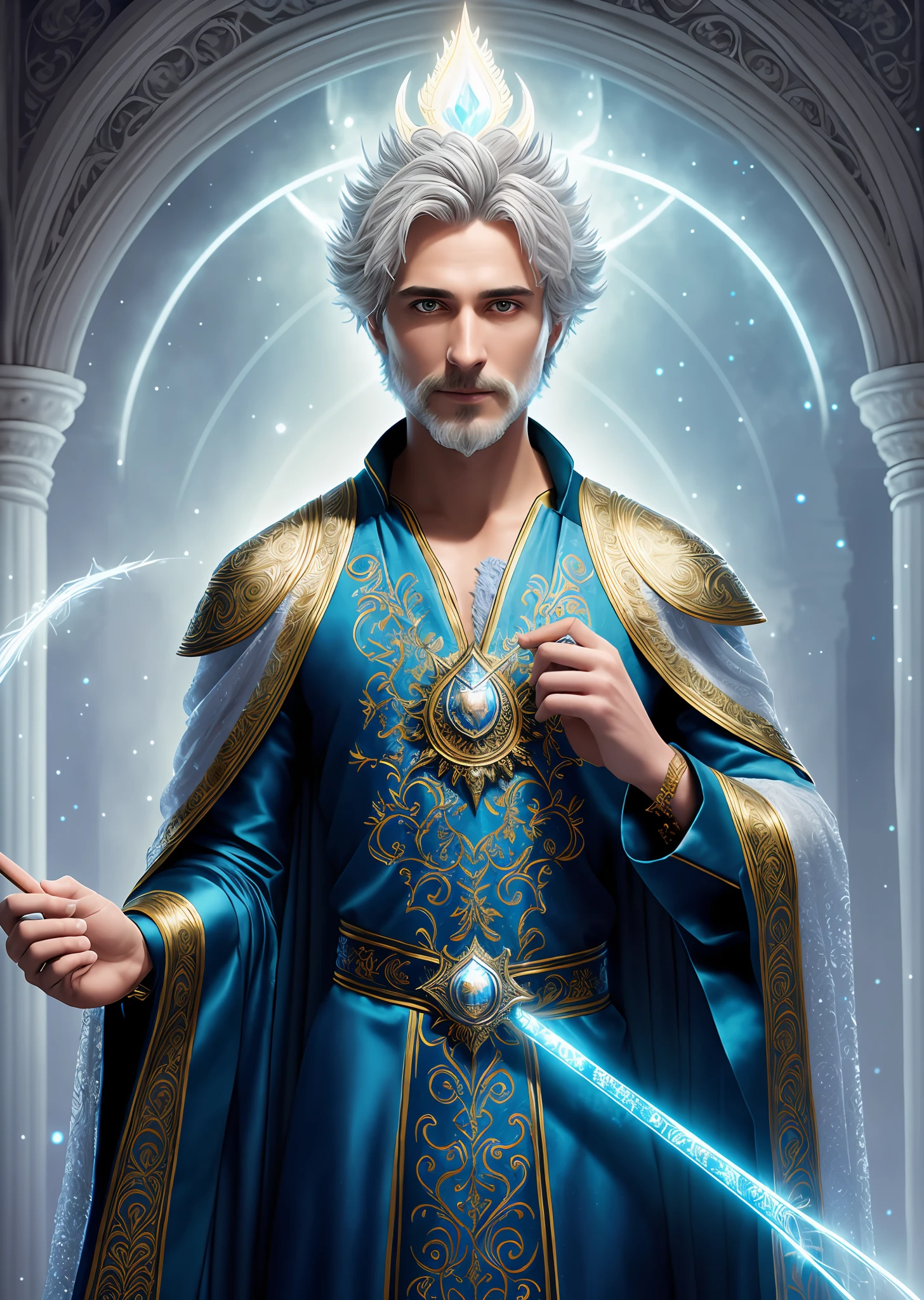 Man, thin, with gray beard, magical atmosphere, (intricately detailed, fine details, hyperdetailed), raytracing, subsurface scattering, (fantasy underworld journey in the background), diffuse soft lighting, shallow depth of field, sharp bokeh focus, (photo quality: 1.4), portrait of a man with short silver hair, dressed in a flowing white magic robe, adorned with intricate silver embroidery, covered by a white cape with gold trims,   and holding in one hand an exquisite magic staff created from a rare crystal, emanating a soft blue glow and creating a fireball with the other hand. The magician's striking features are enhanced by his piercing blue eyes giving him an otherworldly charm. The portrait is expertly rendered using digital painting techniques, creating a highly detailed and realistic representation, perfect for conceptual art or illustration, This portrait captures the essence of the magical and mythical world of the magicians.