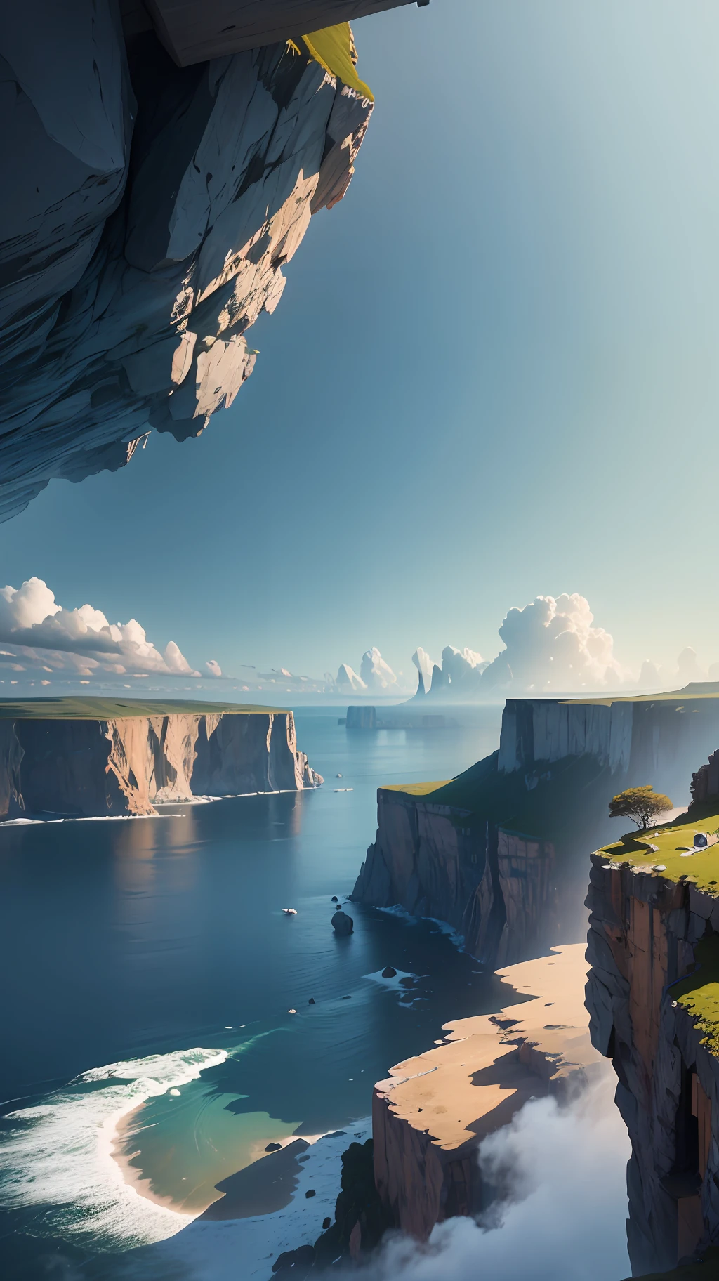 there is a man sitting on a cliff overlooking the ocean, max rive, ocean cliff view, breathtaking scenery, by Alexander Kucharsky, by Etienne Delessert, alexey egorov, breathtaking landscape, epic matte painting of an island, epic scenic shot, epic and stunning, cliffside ocean scene, amazing landscape in background, breathtaking shot, amazing landscape --auto --s2