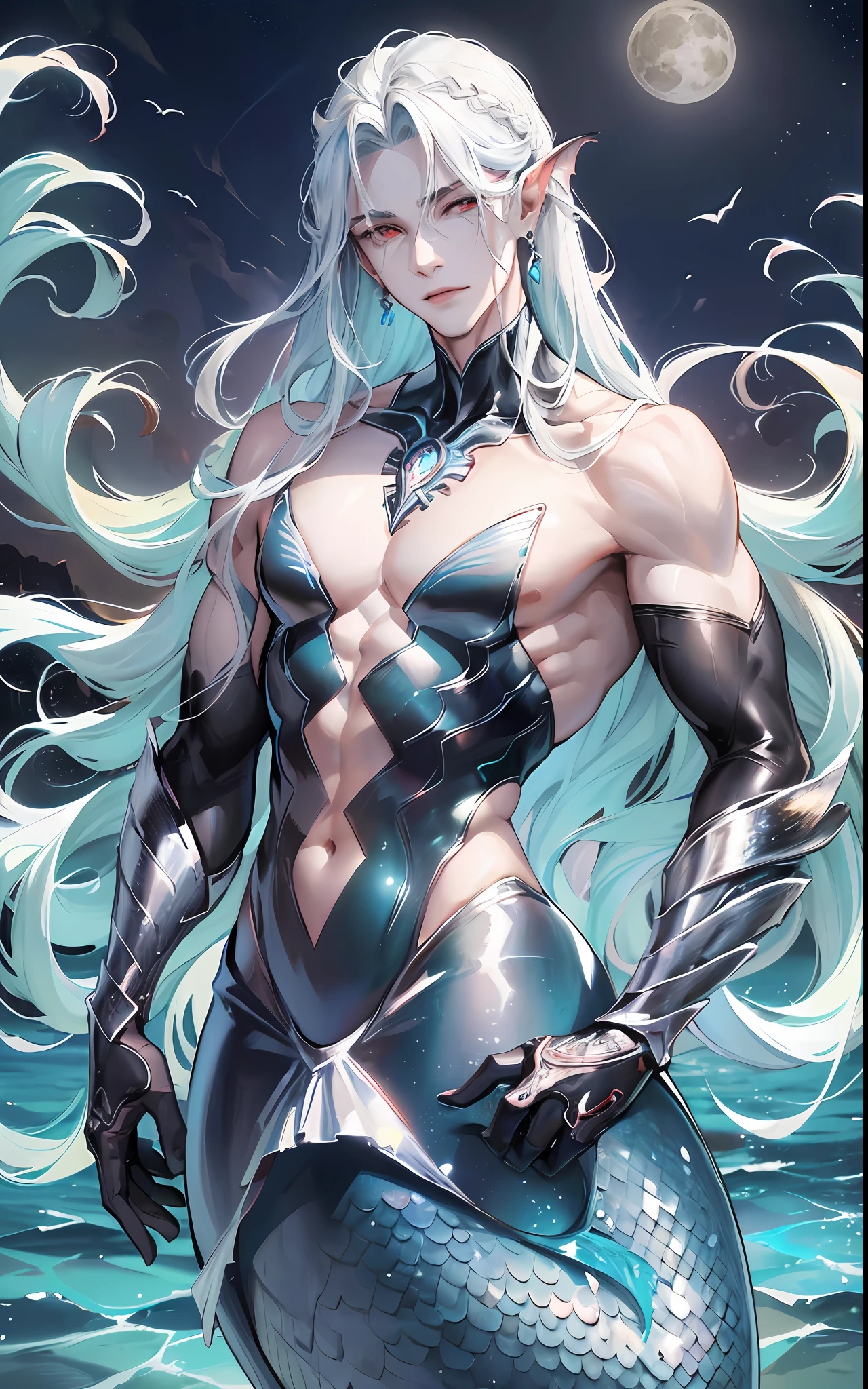 (man hugging a black-haired girl),masculine, masculine face, attractive, muscular, (((1man))), masterpiece, absurdres, best quality ,intricate details, ((((full body)))), (shiny skin, shiny body, shiny oily luster skin, shiny hair, pale skintone), Sundown, attractive, ((muscular)), adult, one, earrings, Don't look at the view , Not looking at the view, silver hair, braided hair, perfect detailed face, perfect detailed hands, triton, fins, red eyes, triton ears, smirk, marine sea ornaments, open chest, ((long mermaid tail)), no legs, under the sea, fishes, masculine features, masculine face, (((night))), moonlight, darkness, dark light, character seen from afar