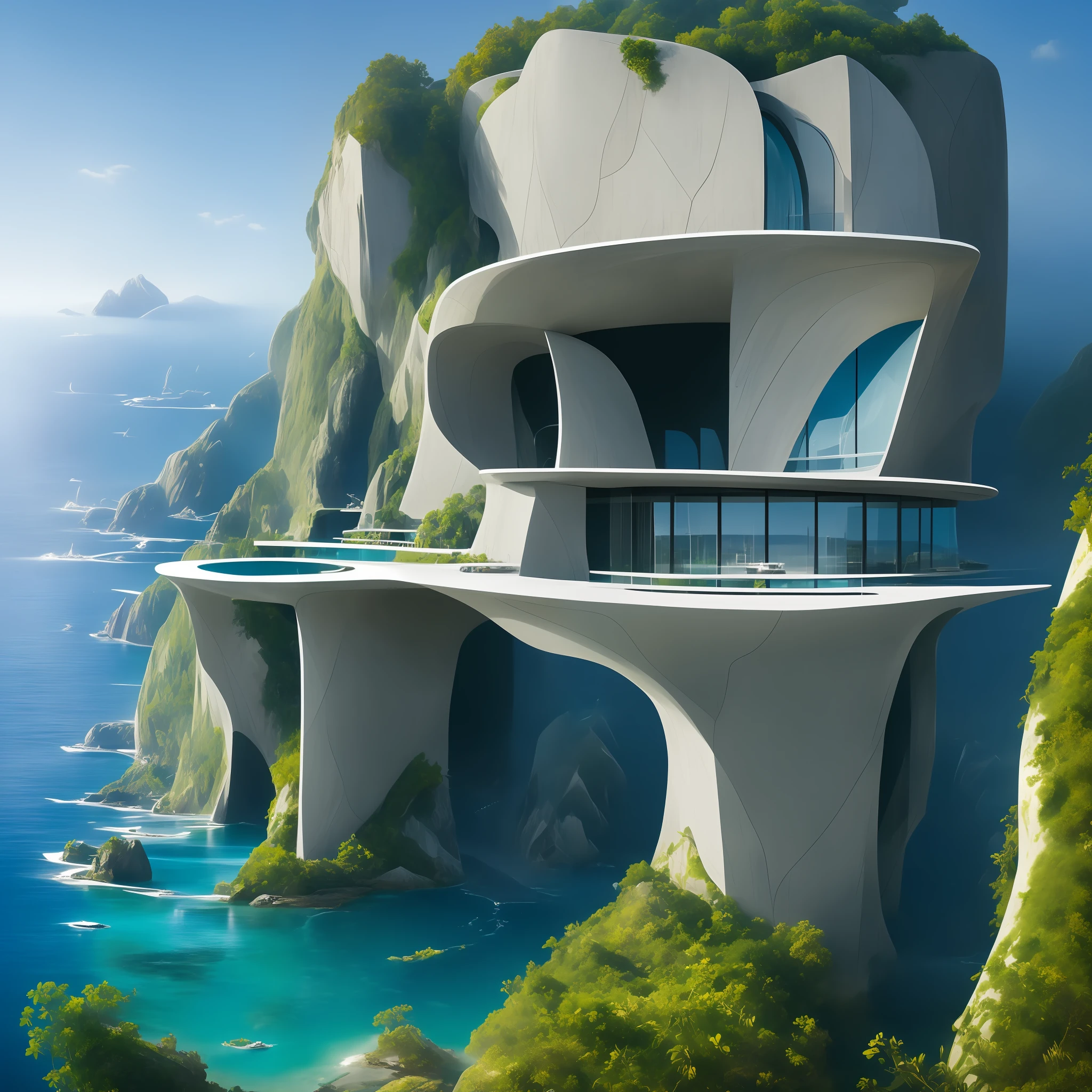 a modern futuristic design large cliff House's with a artificial waterfall and a pool in the middle, nature meets architecture, built around blue ocean, realistic beehive architecture, organic architecture, very close to real nature, breathtaking render, island with cave, stunning architecture, luxury architecture, realistic fantasy render, by Zha Shibiao, epic and stunning, architectural visualization, epic architecture, concept art. 8 k