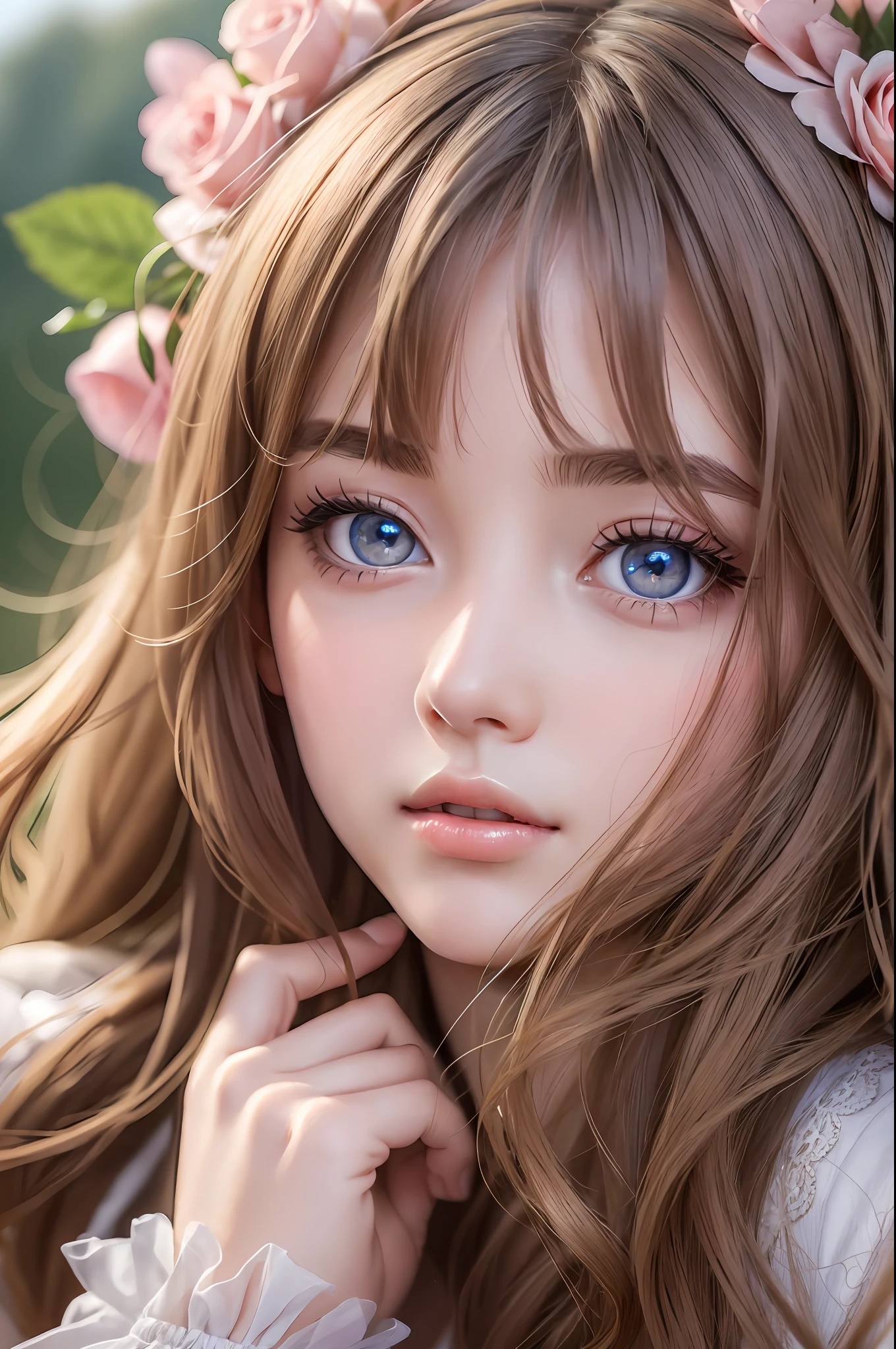 Absurd, ultra-detailed, high quality, detailed face, beautiful eyes(eyes detailed), long hair , British girl, live in village, village girl, simple dress, pure look , pretty but simple, rose lips,