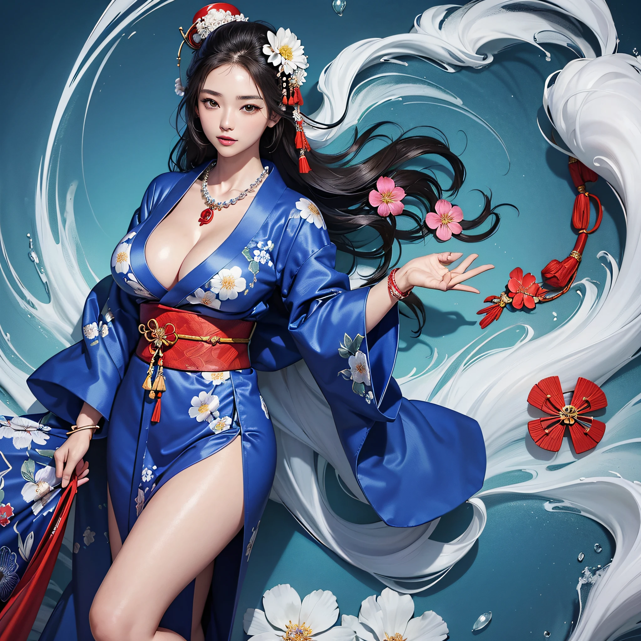 ((legs wide open, crotch wide open)), (cinematic light, top quality, 8K, masterpiece: 1.3), (world wonderful, goddess of Japan, Japan beautiful girl, Korean goddess), (upper body), (one girl), (necklace, bracelet, anklet, leg ring), (huge, cleavage, exposed breasts, sexy cleavage, very detailed breasts), (huge breasts), Årafed woman in kimono, kimono, classic kimono, kimono, Japan kimono, long beautiful flowing kimono, intricate geisha kimono, blue kimono with floral pattern, Japanese style, wearing kimono, legs wide open, crotch wide open, inspired by Kano Hogai,
