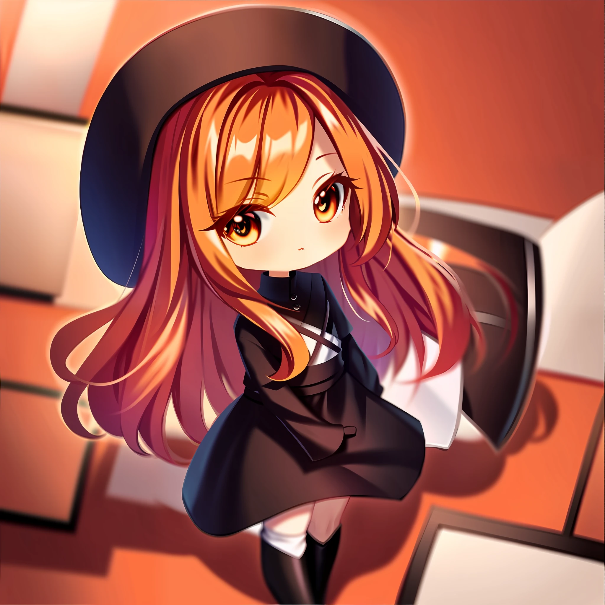masterpiece, detail, soft lighting, long redhead goth cat girl, orange-eyed chibi, white background, simple background