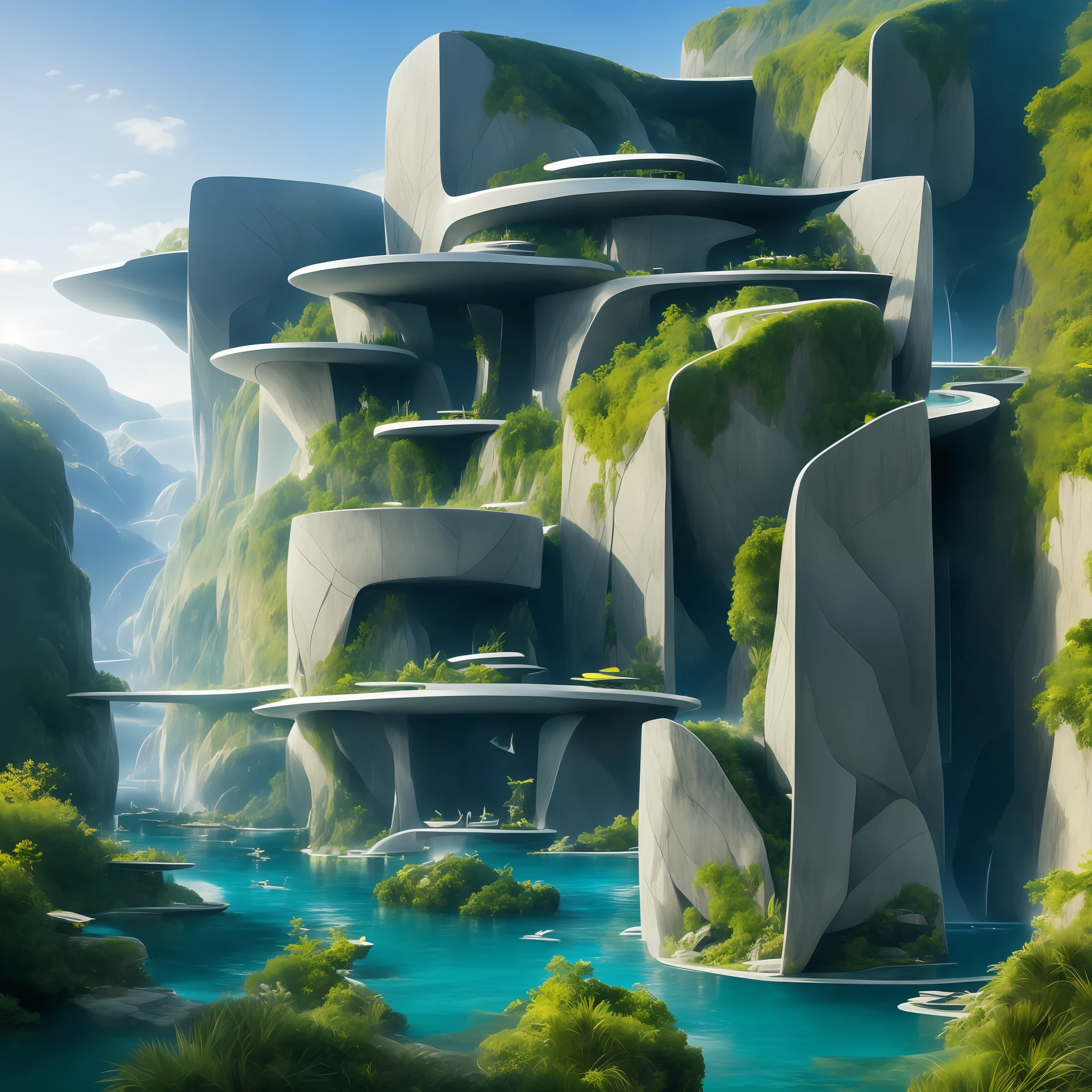 a modern futuristic design large cliff House's with a artificial waterfall and a pool in the middle, nature meets architecture, built around blue ocean, realistic beehive architecture, organic architecture, very close to real nature, breathtaking render, island with cave, stunning architecture, luxury architecture, realistic fantasy render, by Zha Shibiao, epic and stunning, architectural visualization, epic architecture, concept art. 8 k