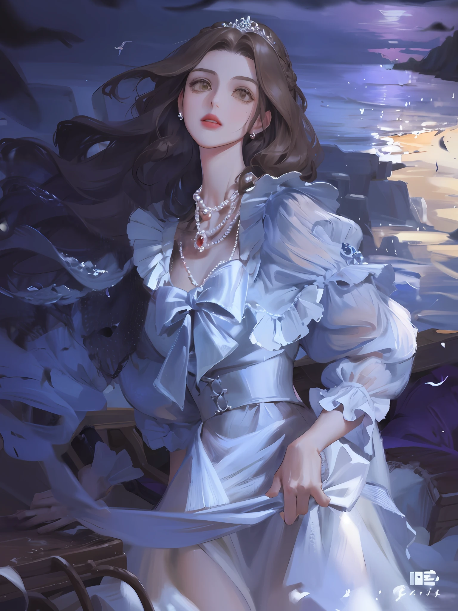 (highest resolution, distinct_image) best quality, hyper-detail, feminine masterpiece, high detail, oil painting style, semi-realism, (most of the body), night, sea, seagull, goddess, brown eyes, streamers, lights, running, red lips, white dress, tiara, pearl necklace, vintage, hazy, brown eyes, fluttering hair, seaside