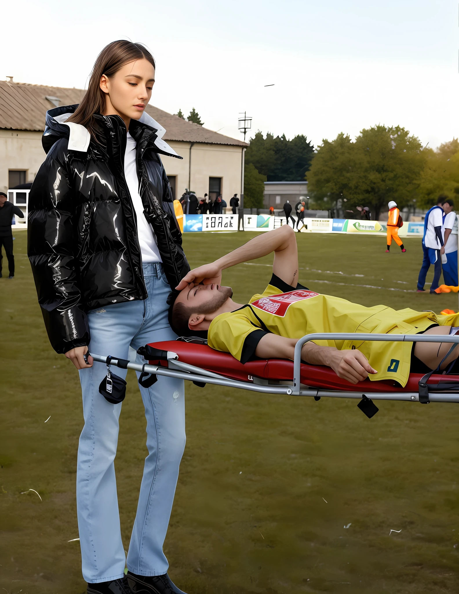 there is a sportsman in white shorts and a white t-shirt lying injured on a stretcher, there is an injured sportsman who is covering his face on a stretcher, an injured sportsman is covering his face with his hands, an injured sportsman is writhing in ecstasy on a stretcher, dramatic pity pose, there is a latino woman in a high-shine puffy coat, a high-shine black down coat, a long black moncler coat, a wetlook down coat, a wet black aquered coat, a latino wife is wearing a wetlook black uniform, injured, medic, laura sava, anna nikonova, very professional, by Dietmar Damerau, alexandra fomina, soccer action pose, affection pose, lecherous action pose, dramatic action pose, theatralic pose, there is an attractive woman that is carrying a skinny man, there is a beautiful woman in a shiny coat who is carrying a blond man in her arms, a longhaired beautiful woman in a high-shine black puffy coat, a longhaired woman in a shiny downcoat, a woman is carrying a shorthaired man who is wearing shorts and a t-shirt, a weak man in spots shorts is consciousless and needs to be carried, a shorthaired man with closed eyes is carried in the arms of a longhaired woman, a woman looks very scared and terrified, a consciousless man with closed eyes is suffering very much and has a very painful face, photo, photo shoot, photographed , accident, help, aid, first aid, pity, woman standing next to a man on a stretcher in a field, vetements, future inflatable jacket, aesthetic shot, injured, mina petrovic, sergey krasovskiy, julia sarda, off - white collection, memes, egor letov, viktoria gavrilenko, ilya kushinov, raphael personnaz, realistic shot, real shot