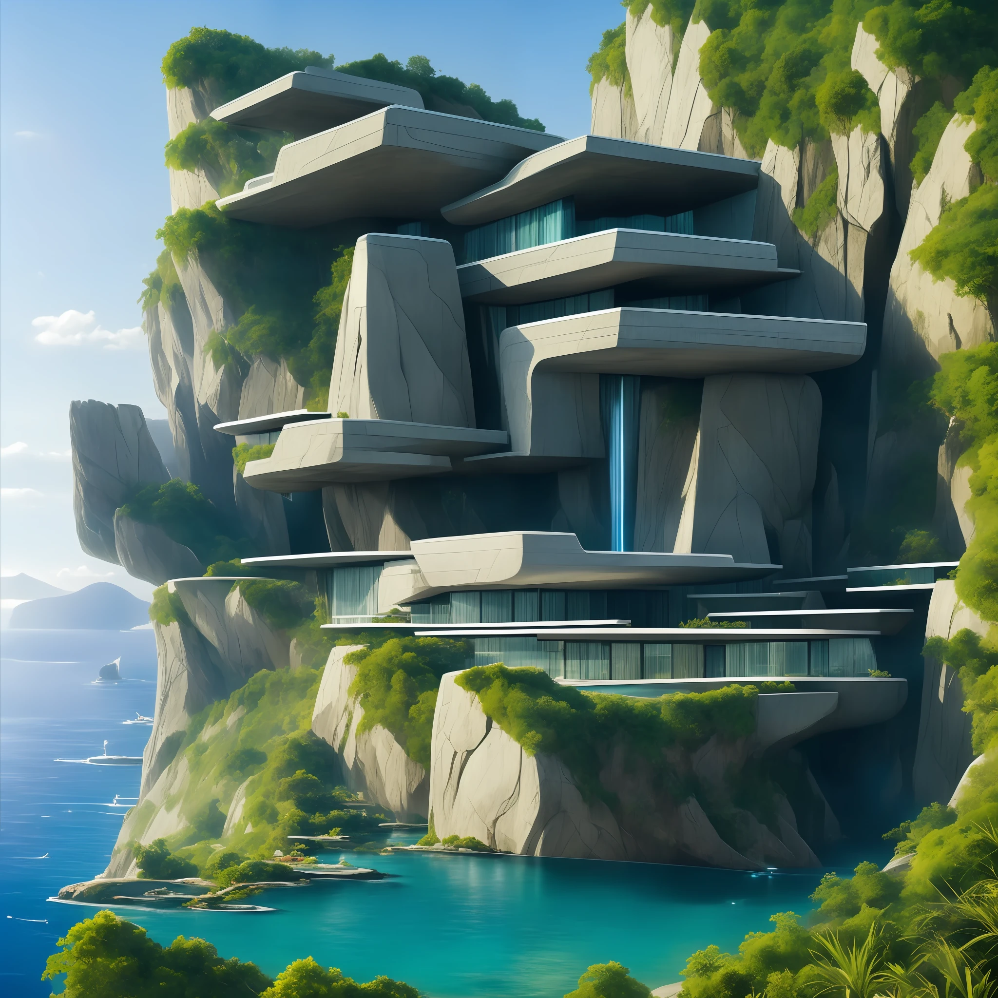 a modern futuristic design large cliff House's with a artificial waterfall and a pool in the middle, nature meets architecture, built around blue ocean, realistic beehive architecture, organic architecture, very close to real nature, breathtaking render, island with cave, stunning architecture, luxury architecture, realistic fantasy render, by Zha Shibiao, epic and stunning, architectural visualization, epic architecture, concept art. 8 k