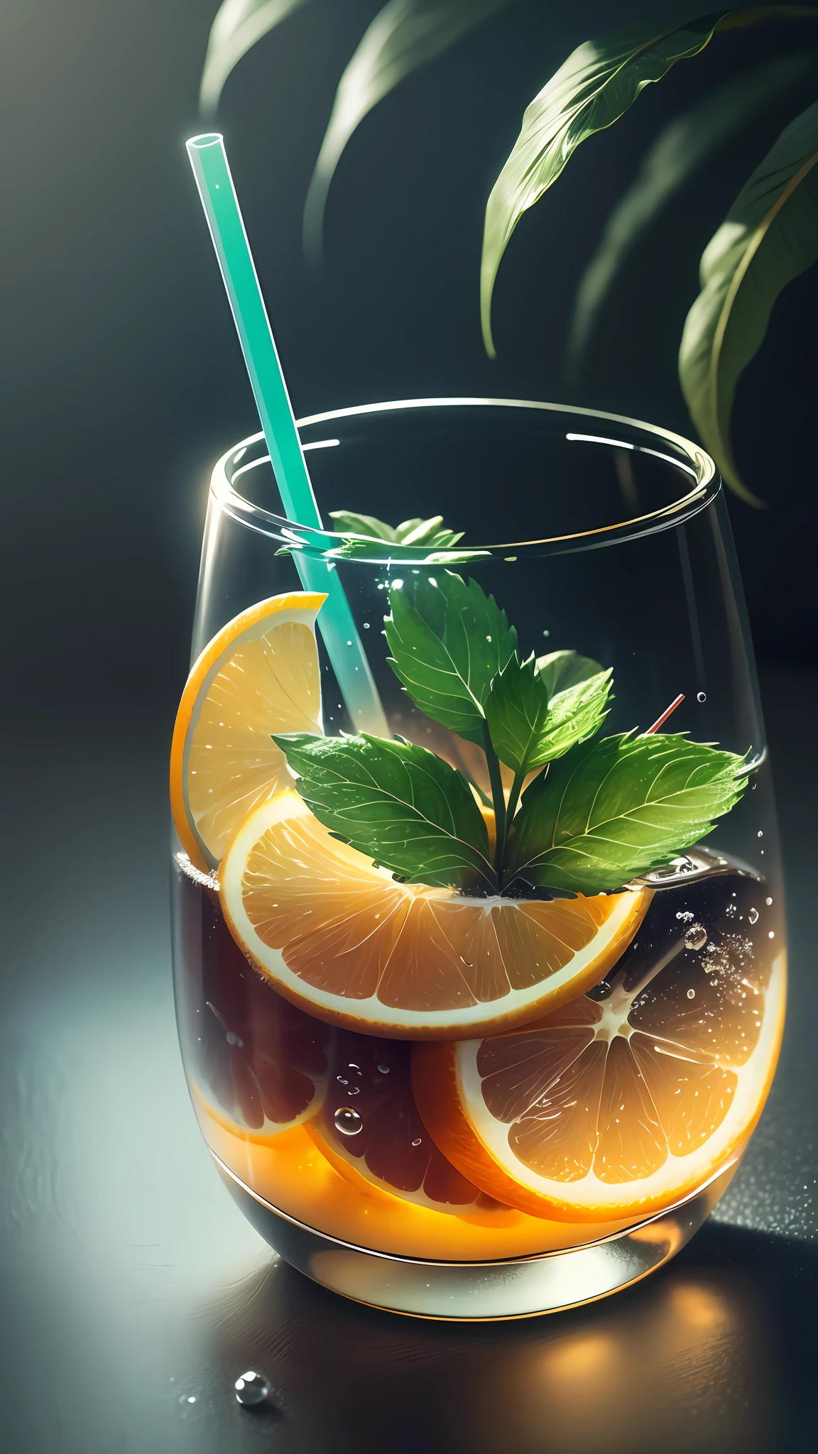 Wallpaper, clear glasses, drinks, ice cubes, oranges, mint, straws, tropical plants, hot weather, HD detail, humidity, water droplets, hyperdetail, cinematic, surrealism, soft light, deep field focused bokeh, ray tracing, diffuse reflection (ultra-fine glass reflection) and surrealism. --auto --v6 --s2