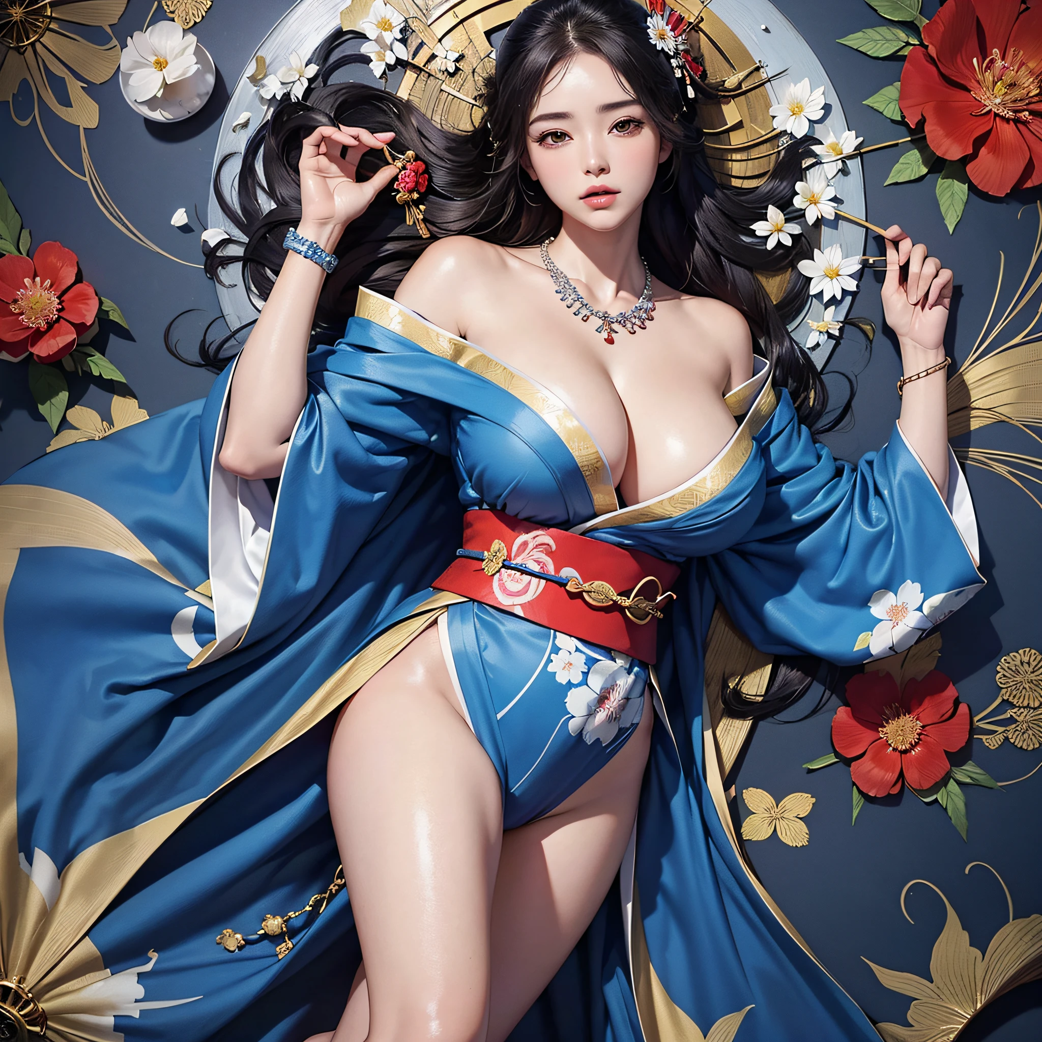 ((legs wide open, crotch wide open)), (cinematic light, top quality, 8K, masterpiece: 1.3), (world wonderful, goddess of Japan, Japan beautiful girl, Korean goddess), (upper body), (one girl), (necklace, bracelet, anklet, leg ring), (huge, cleavage, exposed breasts, sexy cleavage, very detailed breasts), (huge breasts), Årafed woman in kimono, kimono, classic kimono, kimono, Japan kimono, long beautiful flowing kimono, intricate geisha kimono, blue kimono with floral pattern, Japanese style, wearing kimono, legs wide open, crotch wide open, inspired by Kano Hogai,