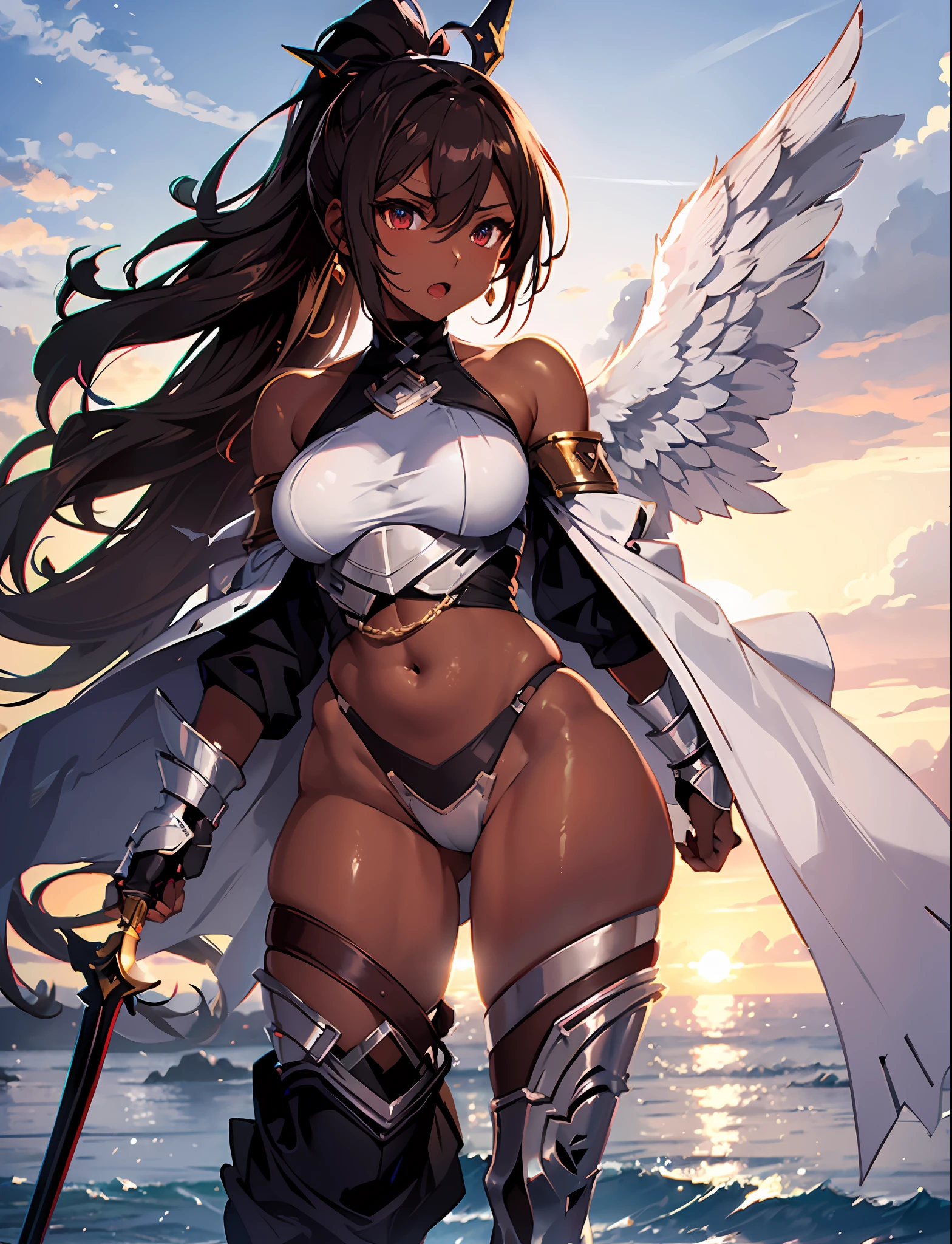fantasy, 1angel_girl, brown_hair, ponytail_hair, (dark_skin)+, plump, bare_shoulder, navel, thigh,silver_shiny_armor, white_clothes,waist_armor, grebe, hold_swords, big_, angry, dynamic_fighting_pose, floating, (1pair_white_wings), sunrise_city_background,(pelvic_curtain)++, open_mouth, headgear, large_ass,public_indecency,