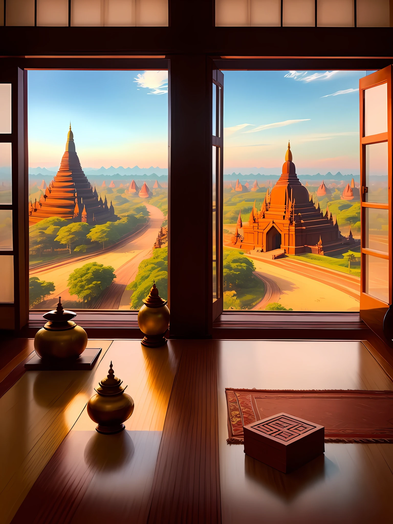 “Create a vibrant scene capturing the beauty of Bagan, Myanmar. Imagine a sunny day with a clear blue sky. In the foreground, depict a group of Myanmar girls wearing traditional dresses, offering prayers at a magnificent pagoda. Surrounding the pagoda, have monks walking peacefully, their maroon robes contrasting with the golden stupas. Let the warm sunlight illuminate the intricate architectural details and bring out the rich colors of the scene. Make sure to emphasize the serene and spiritual atmosphere of this iconic destination.”