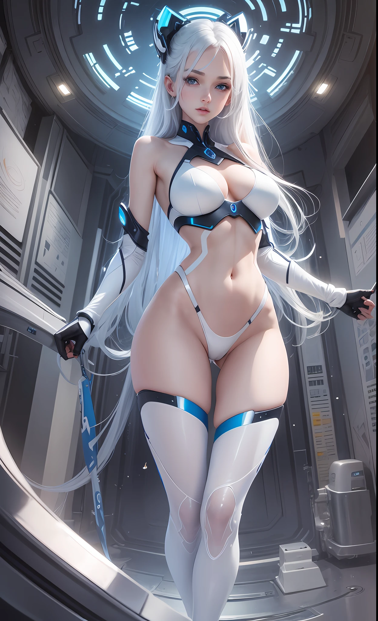 masterpiece, best quality, girls, slender, blue eyes, hair color ash, white skin, medium breasts, cute, sexy, futuristic, bikini, skin exposed, night, white theme, open legs, full body --auto --s2