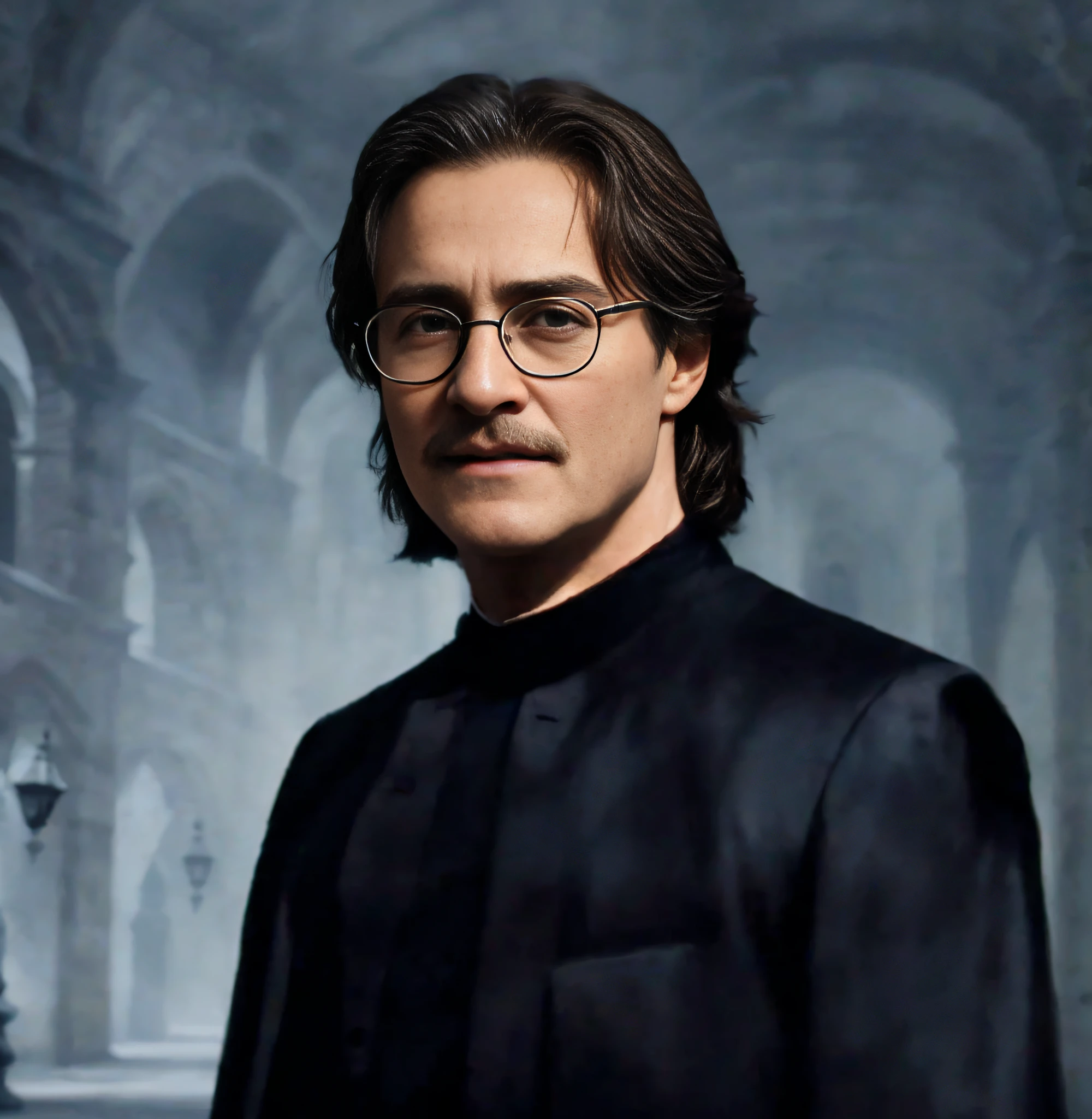 Redraw image in a cinematic environment of Harry Potter,"er", with mustache black, 3D, 8K, nikon camera, hyperrealism,
