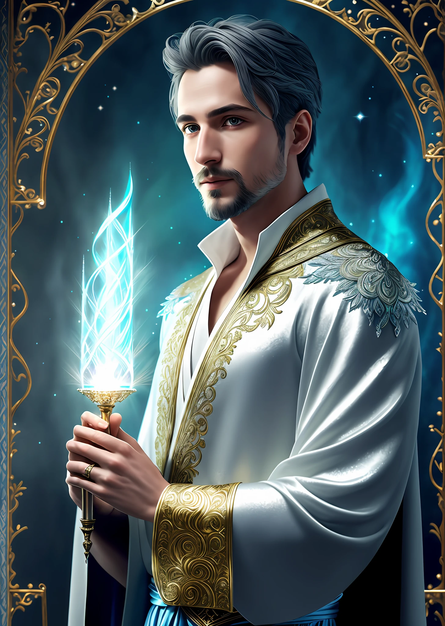 Man, thin, with gray beard, magical atmosphere, (intricately detailed, fine details, hyperdetailed), raytracing, subsurface scattering, (fantasy underworld journey in the background), diffuse soft lighting, shallow depth of field, sharp bokeh focus, (photo quality: 1.4), portrait of a man with short silver hair, dressed in a flowing white magic robe, adorned with intricate silver embroidery, covered by a white cape with gold trims, and holding in one hand an exquisite magic staff created from a rare crystal, emanating a soft blue glow and creating a fireball with the other hand. The magician's striking features are enhanced by his piercing blue eyes giving him an otherworldly charm. The portrait is expertly rendered using digital painting techniques, creating a highly detailed and realistic representation, perfect for conceptual art or illustration, This portrait captures the essence of the magical and mythical world of the magicians.