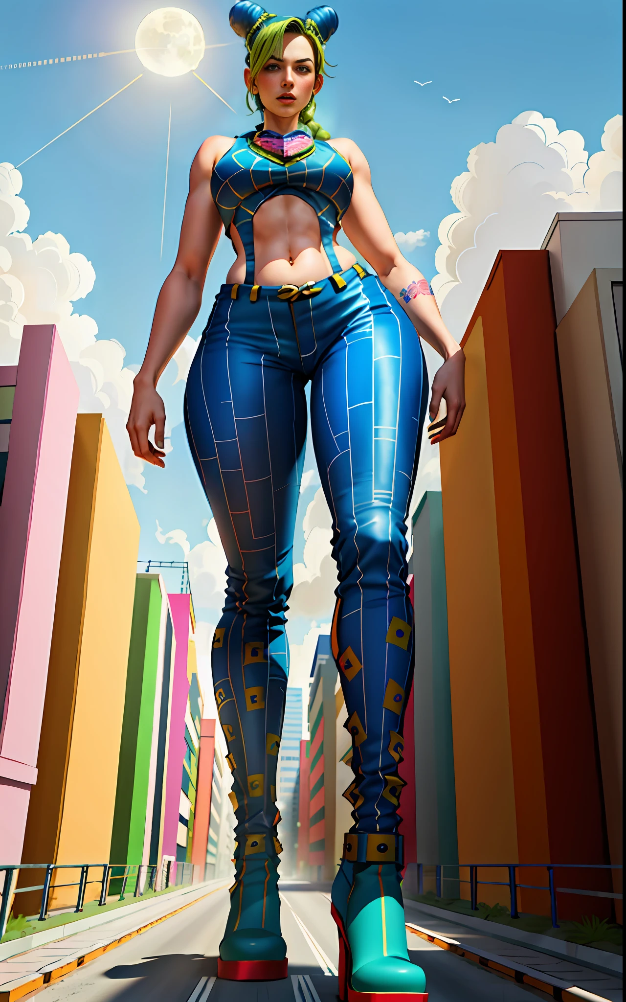 masterpiece, best quality, 1girl, solo, giant, giant, (((towering over you)))), (full body), 1girl, jolynejojo, half body, digital art, masterpiece, green and blue hair, cropped, sleeveless, wearing pants