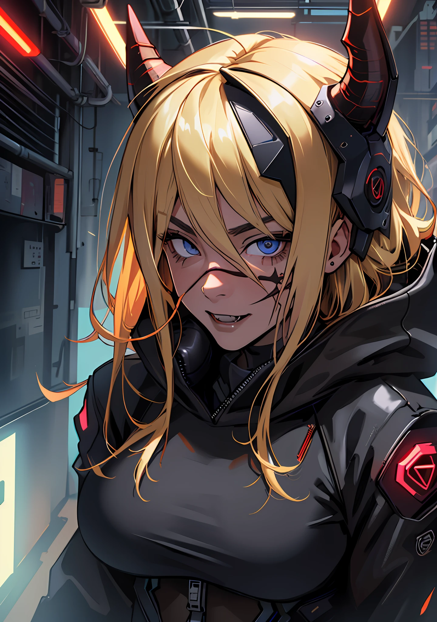 ultra detail, high resolution, ultra detailed, best quality, amazing, top quality, extremely detailed CG 8k wallpaper unit, cinematic lighting, cyberpunk, dark boy, demon with fangs face mask, 1girl, blonde hair, a demon, ears with thin tip, large breasts, hood covering head