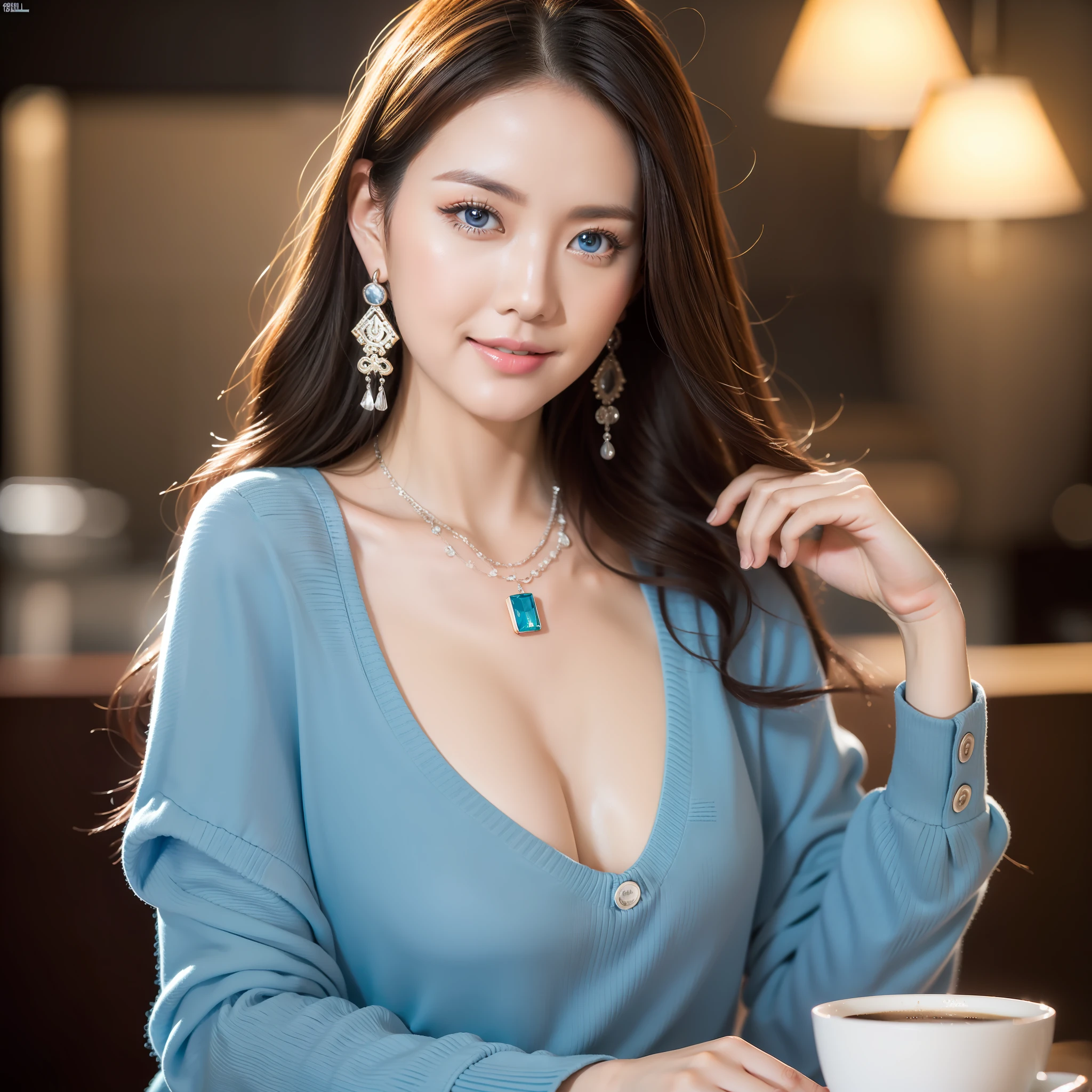 best quality, high quality, photorealistic, masterpiece, high resolution, 1girl, blue eyes, beautifull face, (seductive smile:0.8), (casual clothes), sit on coffe shop, necklace, jewelry, full_body, dynamic pose, tyndall effect, dark studio, rim lighting, two tone lighting,  volumetric lighting, candid, (high detailed skin:1.2), 8k uhd, dslr, Bokeh