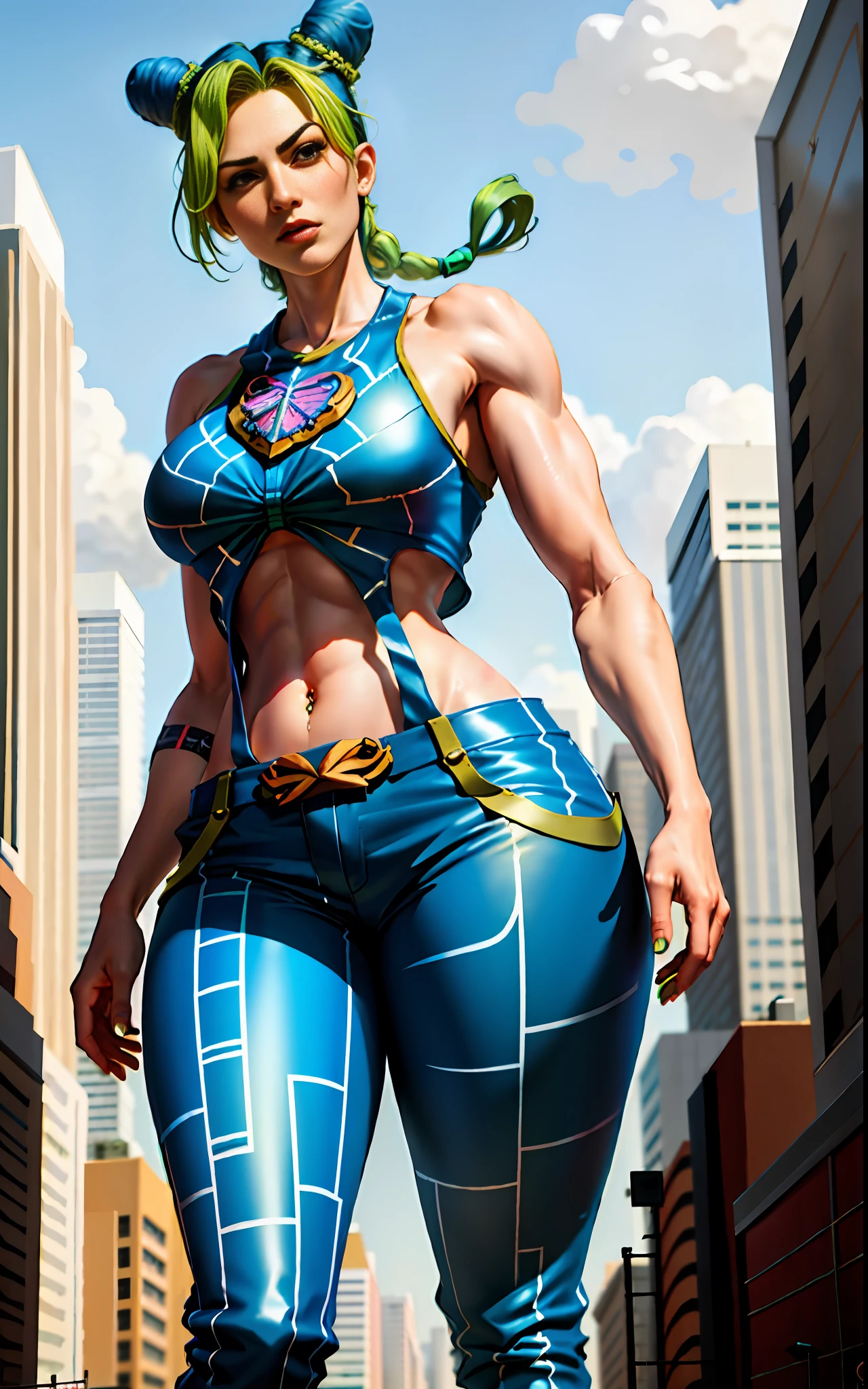 masterpiece, best quality, 1girl, solo, giant, giant, (((towering over you)))), (full body), 1girl, jolynejojo, half body, digital art, masterpiece, green and blue hair, cropped, sleeveless, wearing pants