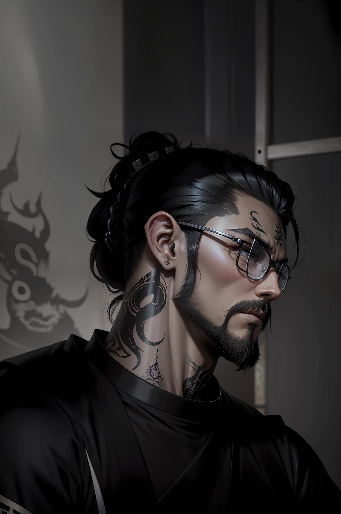 Turn into anime, Demon Slayer, with square glasses, looking forward, hair tied, beard full, samurai, tattoos on the neck, katana sheathed on the back, Japanese background on fire --auto --s2