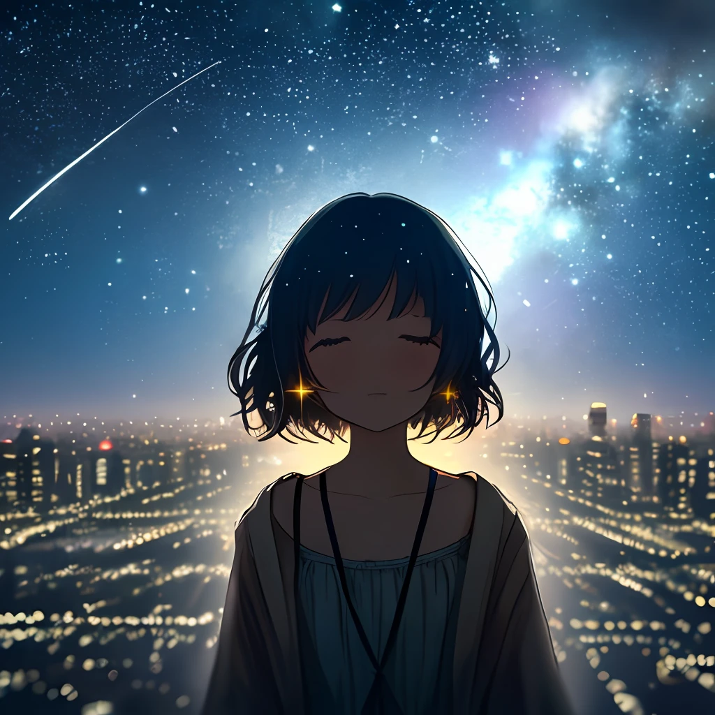 Girl, (Stars shining in the air: 1.1), blurry background, bokeh, depth of field, starry sky skyline, far from the city, alone, frightening, hopeless, magical, magical, fantastic, dark shades, haze