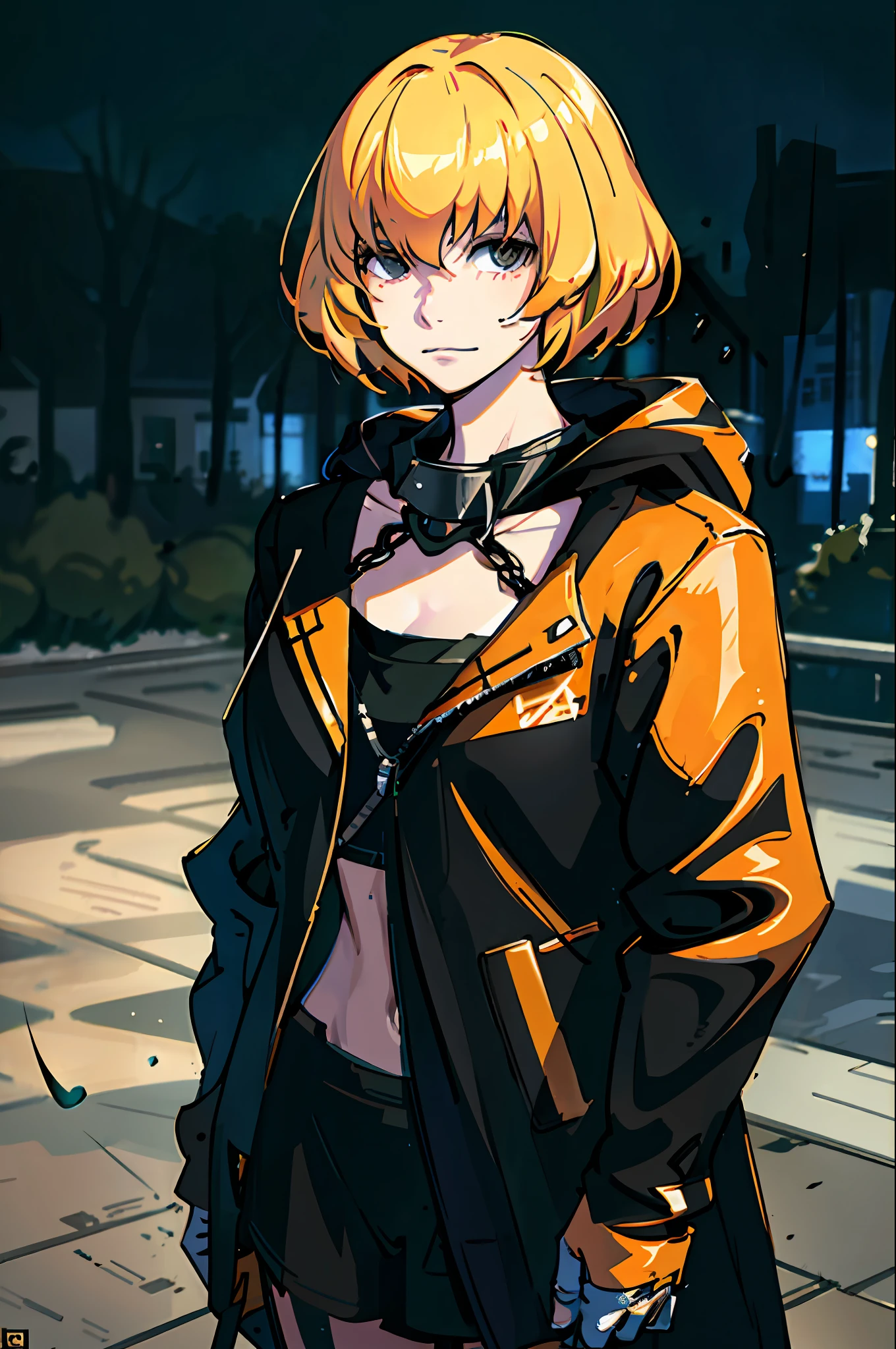 Clementine, 1girl, jacket, hoodie, rain, outdoor, sweatshirt, open jacket, chain, backpack, looking at another, short blonde hair and delicate strokes, trend in artstation, 8k resolution, highly detailed, anatomically correct, sharp image, digital painting, concept art, trend in pixiv, Makoto Shinkai style,