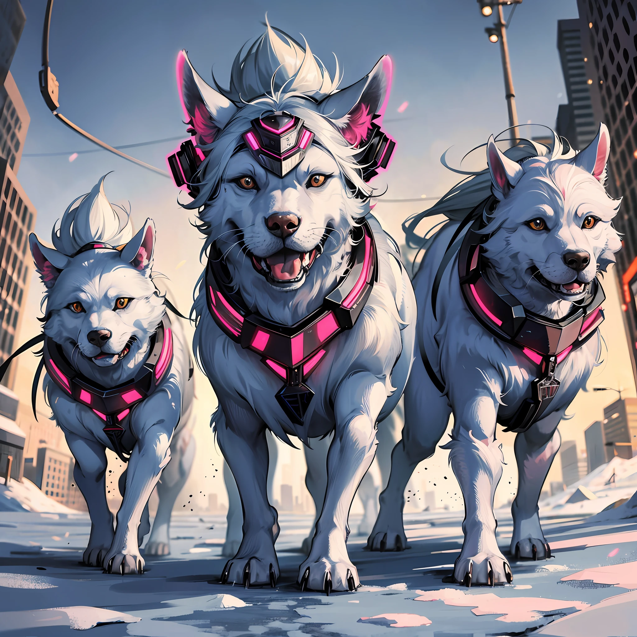 Horde of Malamutes running through the snow, cyberpunk style --auto --s2