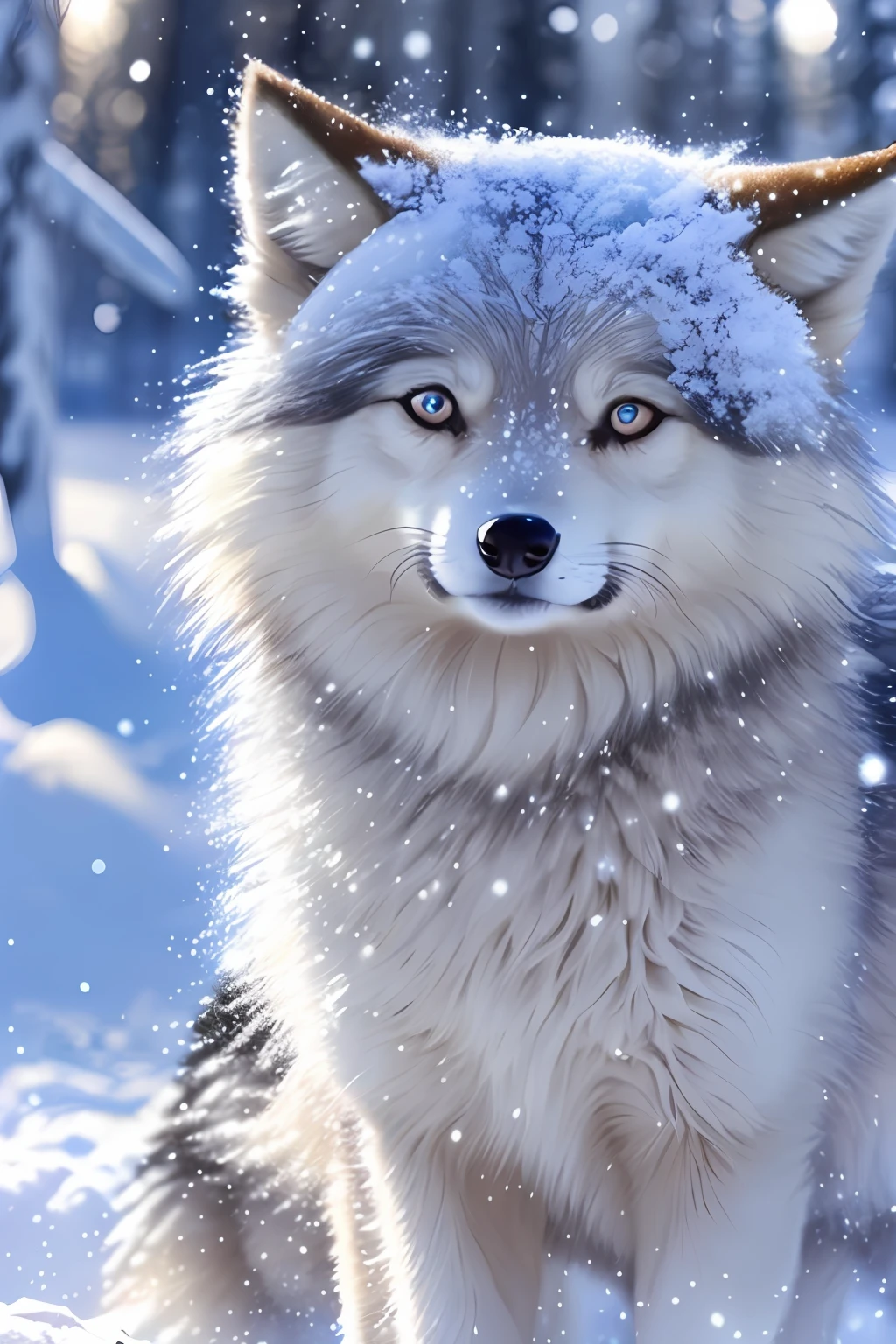 chibi, beautiful girl and wolf, snowy landscape, light, bright background, get along, best quality, bright, smile, blue eyes, halo, lassen, real