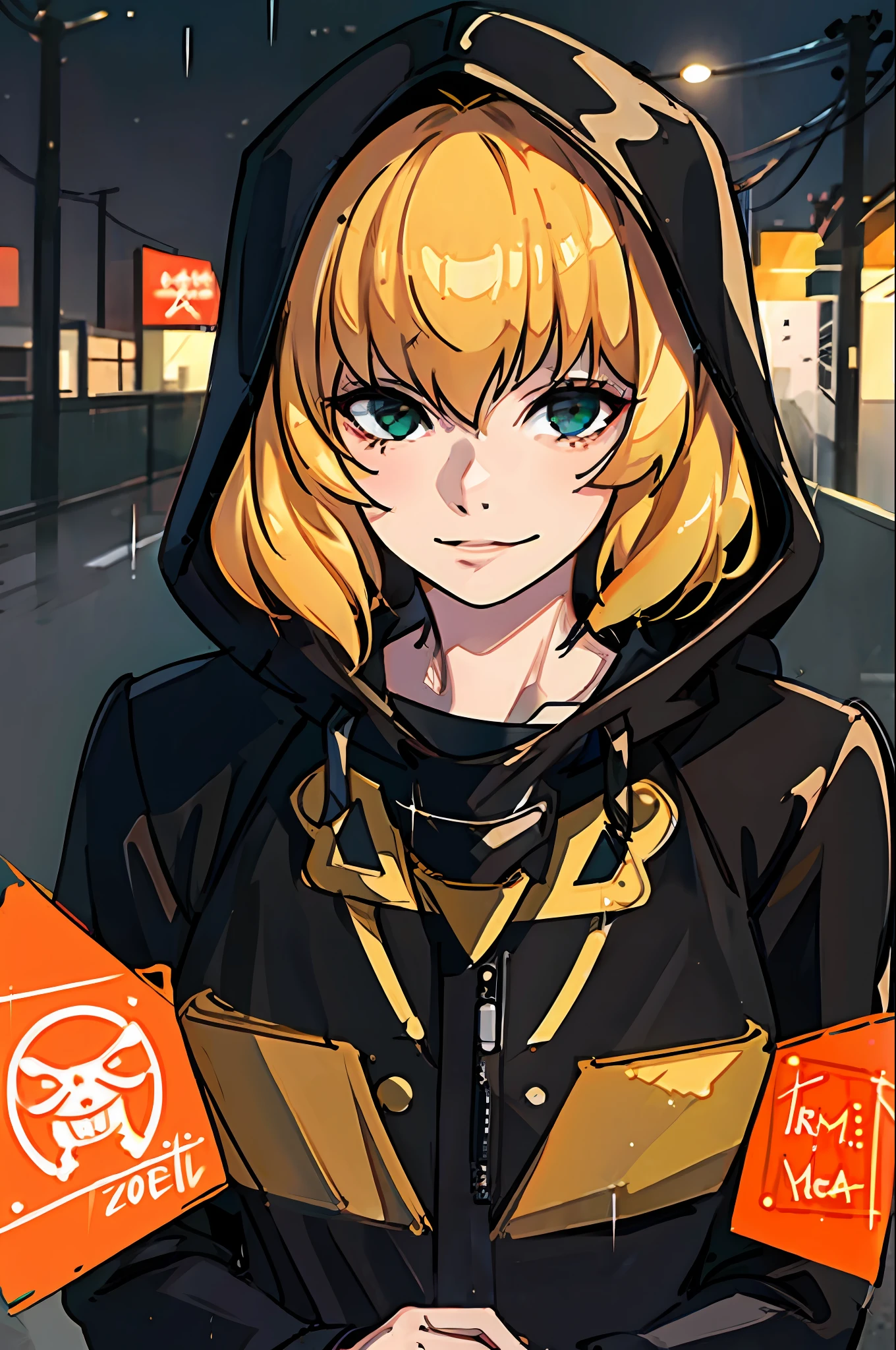 Clementine, 1girl, jacket, hoodie, rain, outdoor, sweatshirt, open jacket, chain, backpack, looking at another, short blonde hair and delicate strokes, trend in artstation, 8k resolution, highly detailed, anatomically correct, sharp image, digital painting, concept art, trend in pixiv, Makoto Shinkai style, (((no errors))), (((well detailed)), (((extremely well done)))