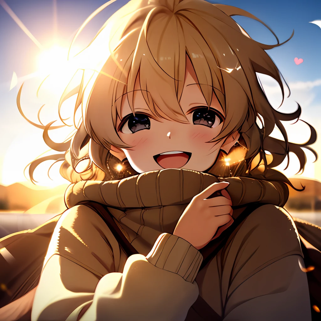 Boy, cozy sweater, upper body, (giant laughter: 1.1), (mouth open: 1.1), (wide open eyes: 1.2), sun glare, bokeh, depth of field, blurred background, light particles, strong wind, (heart particles: 1.1)