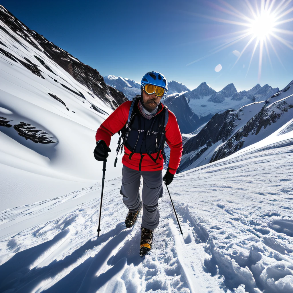 outdoors, highly detailed professional photograph of full body shot involving 35 year old man mountaineer wearing helmet, goggles, and a (husky dog), hiking steep narrow chute couloir in the alps, (standing), mountains, snow Specular lighting,8K, global natural light, sharp focus, cinematic, 8k, nikon d750 f/8 200mm, crystal clear, intricate detail, chiaroscuro, far away