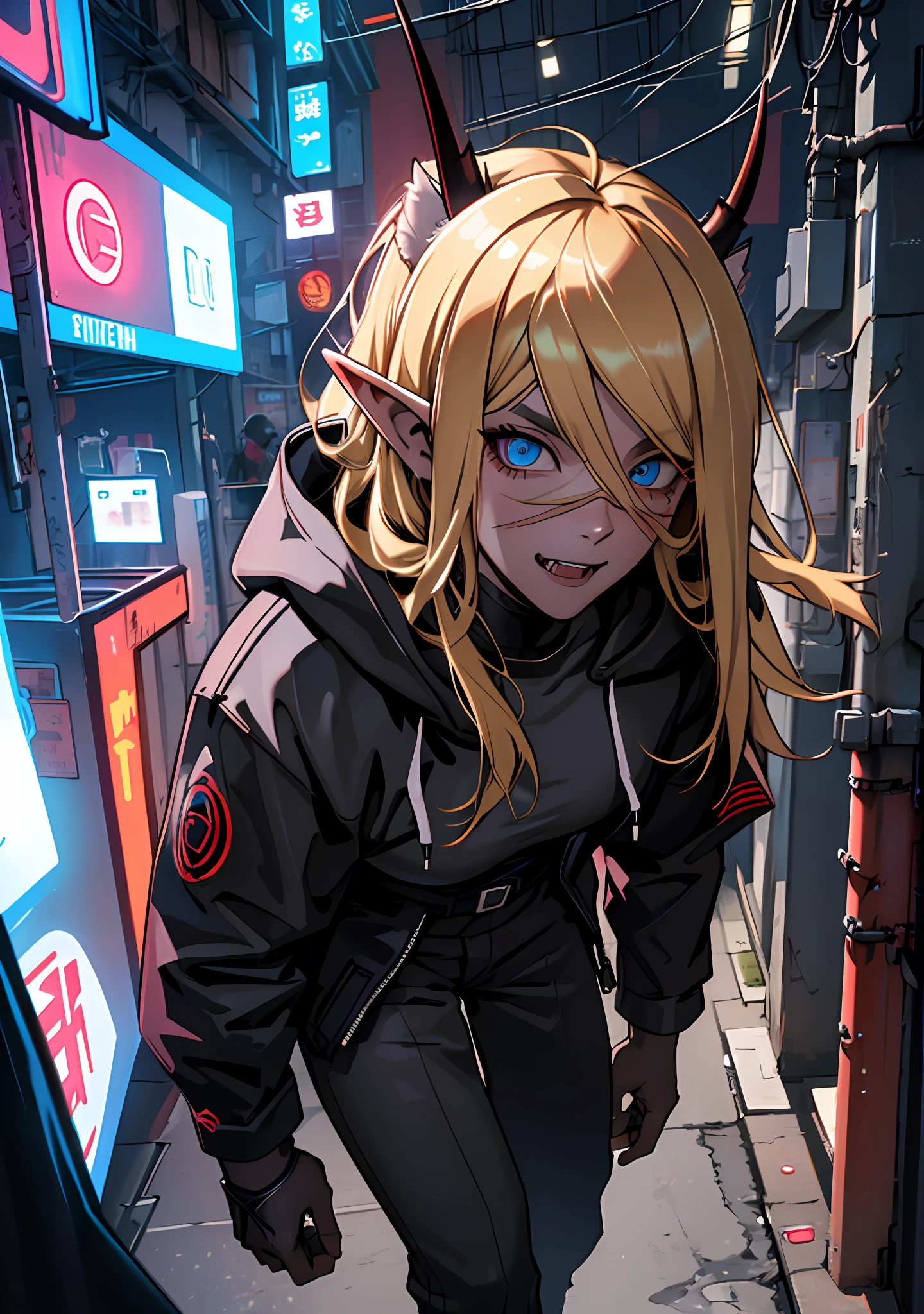 ultra detail, high resolution, ultra detailed, best quality, amazing, top quality, extremely detailed CG 8k wallpaper unit, cinematic lighting, cyberpunk, dark boy, demon with fangs face mask, 1girl, blonde hair, a demon, ears with thin tip, large breasts, hood covering head, elf ear