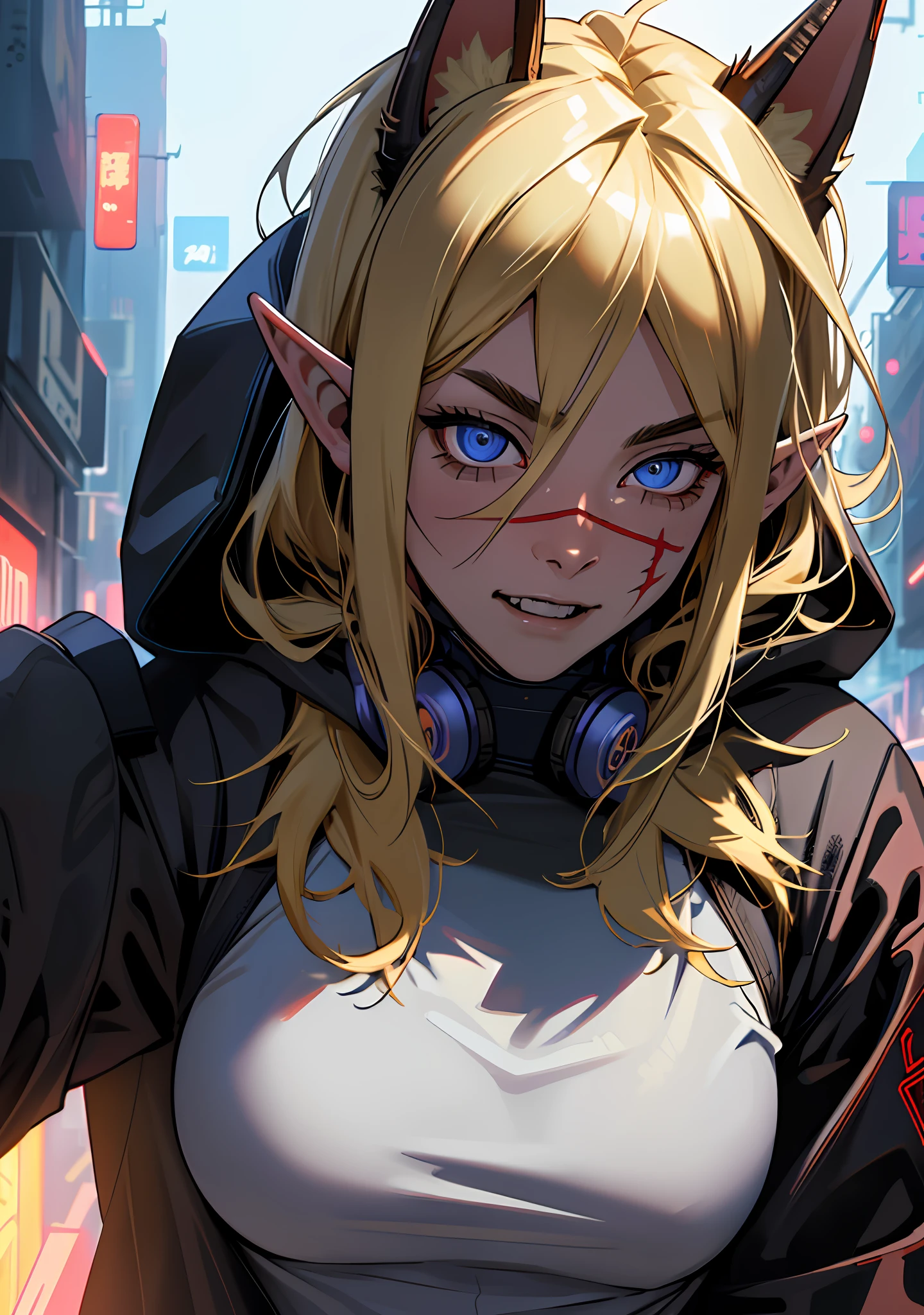 ultra detail, high resolution, ultra detailed, best quality, amazing, top quality, extremely detailed CG 8k wallpaper unit, cinematic lighting, cyberpunk, dark boy, demon with fangs face mask, 1girl, blonde hair, a demon, ears with thin tip, large breasts, hood covering head, elf ear
