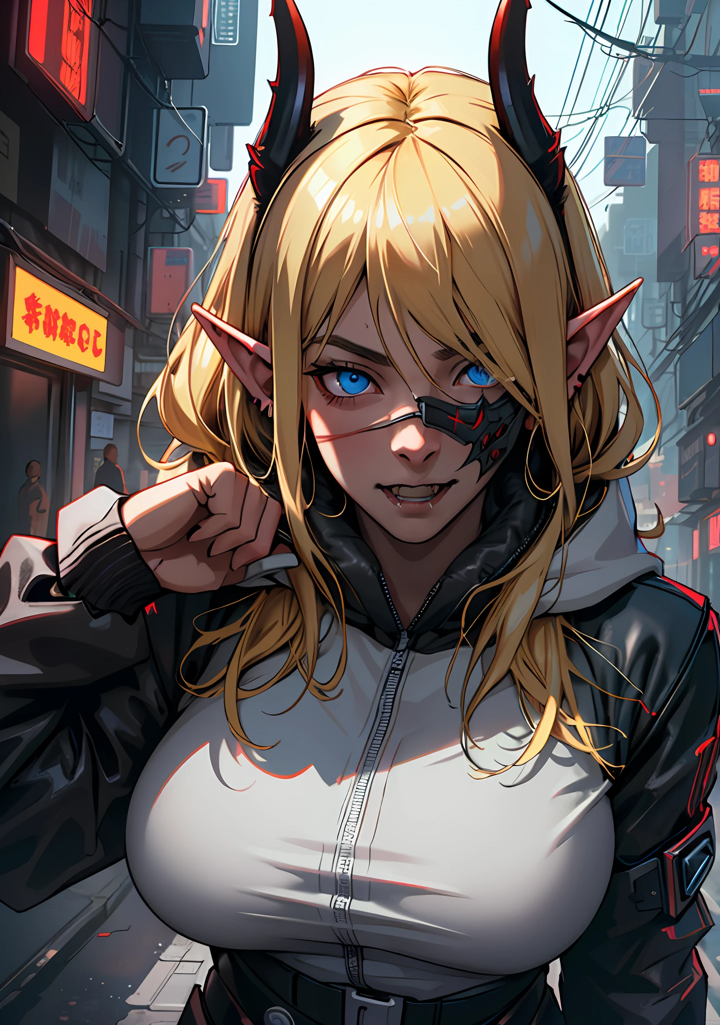 ultra detail, high resolution, ultra detailed, best quality, amazing, top quality, extremely detailed CG 8k wallpaper unit, cinematic lighting, cyberpunk, dark boy, demon with fangs face mask, 1girl, blonde hair, a demon, ears with thin tip, large breasts, hood covering head, elf ear