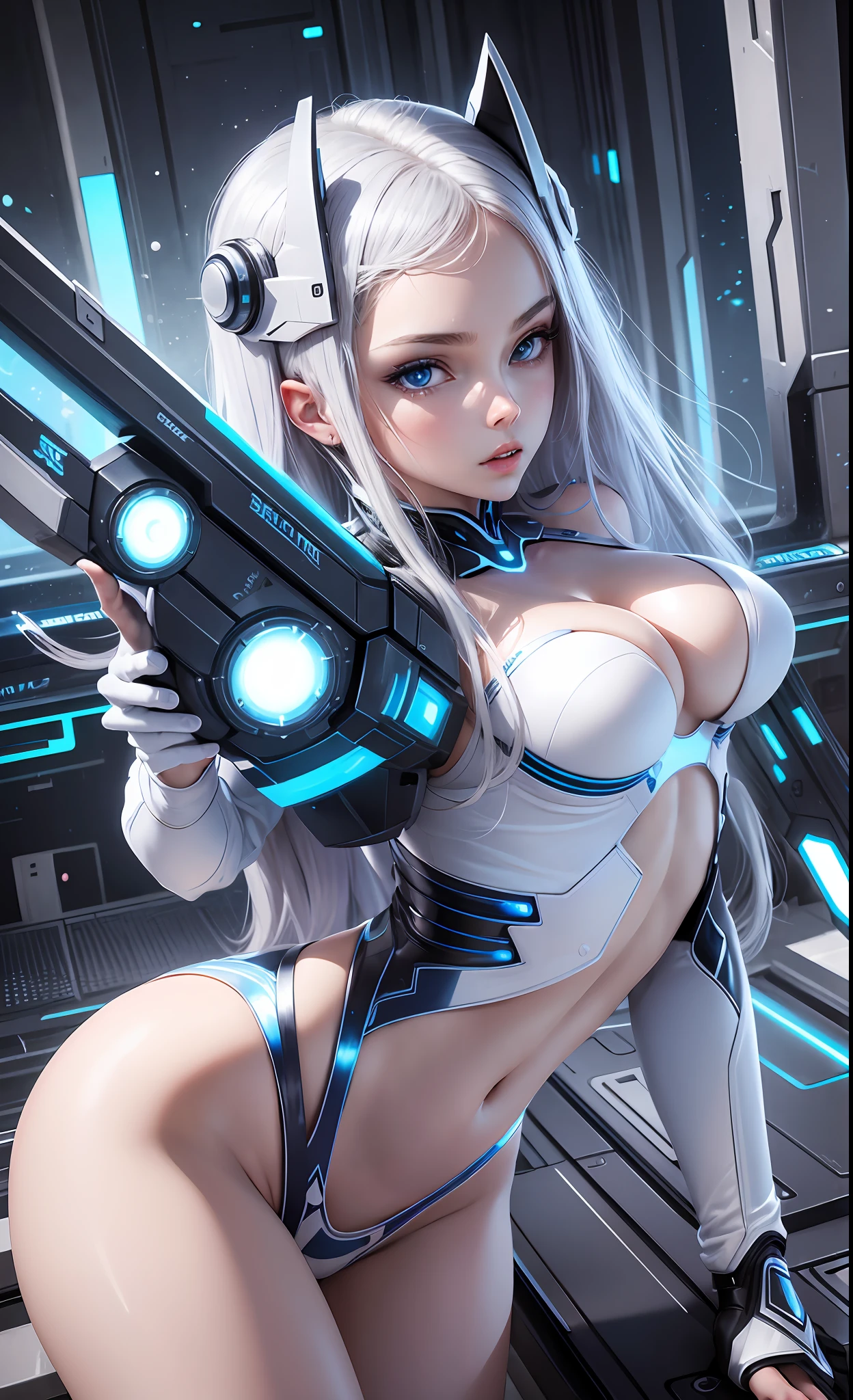 masterpiece, best quality, girls, slender, blue eyes, hair color ash, white skin, medium breasts, cute, sexy, futuristic, bikini, skin exposed, night, white theme, open legs, full body --auto --s2