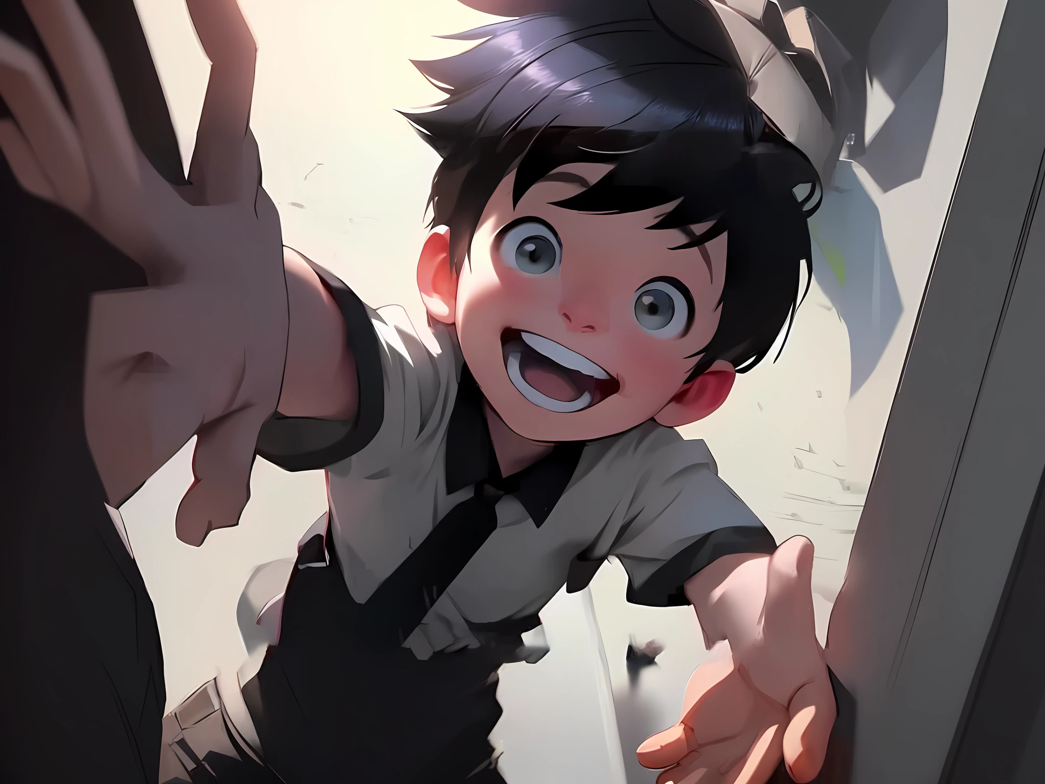 anime boy with black hair and a tie reaching out to touch a hand, anime cgi style, shinji, anime cgi, realistic anime 3 d style, makoto shinkai. octane render, anime boy, makoto shinkai. digital render, anime style. 8k, ross tran!!!, ross tran style, ross tran and makoto shinkai