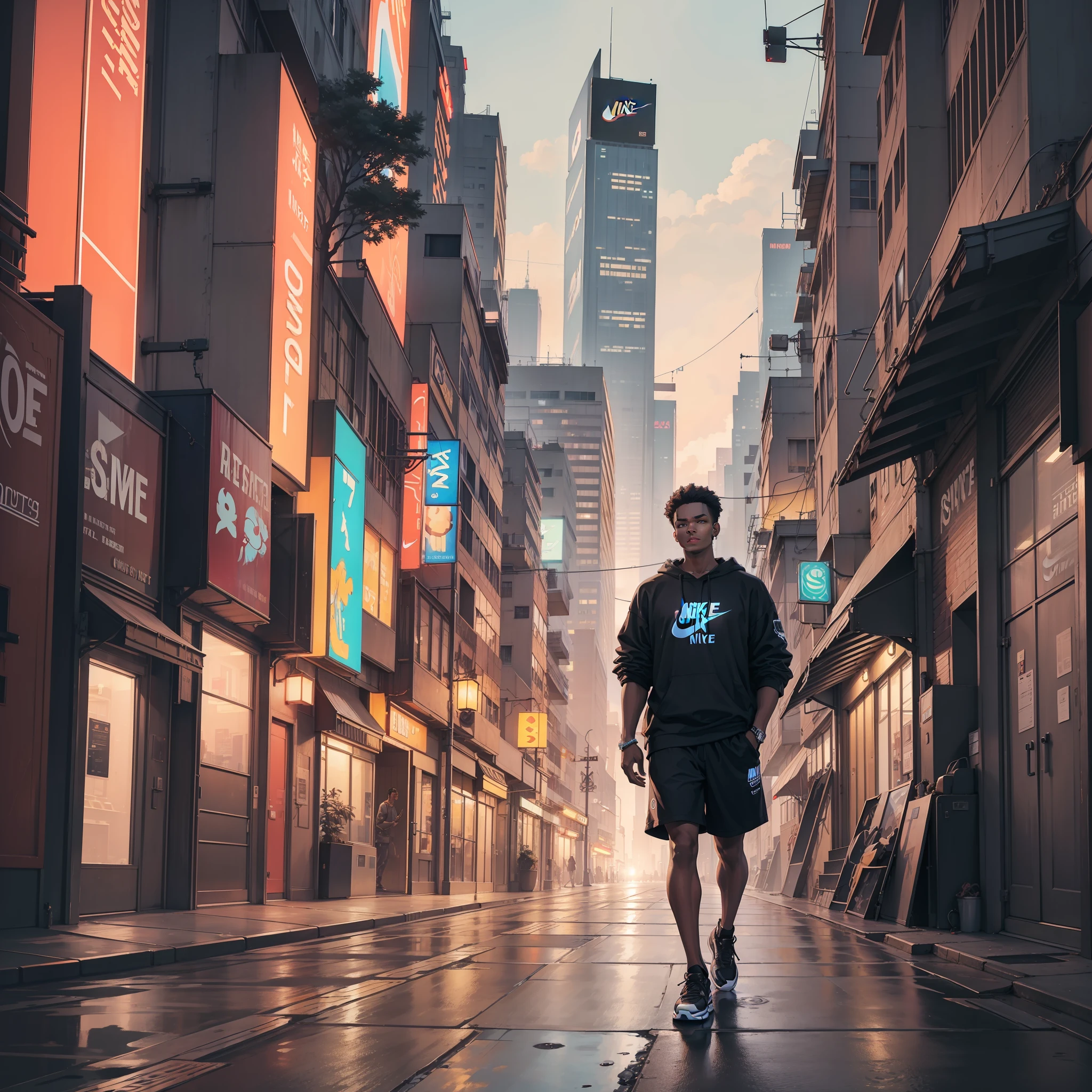 Best Quality, Masterpiece, Ultra High Resolution, (Realism: 1.4), Original Photo, 1Guy, (Black Race), (Brown Skin: 1.4), (Detailed Face), Black Eyes, Off-the-Shoulders, Cinematic Lighting, (Black Power Black Hair), High From An Open Area In A Building, (Nike Sneakers), Fashion, Wearing Trendy Clothes, Anime Style 90s, In A Cyberpunk City, (Neon By City), Semi Futuristic City