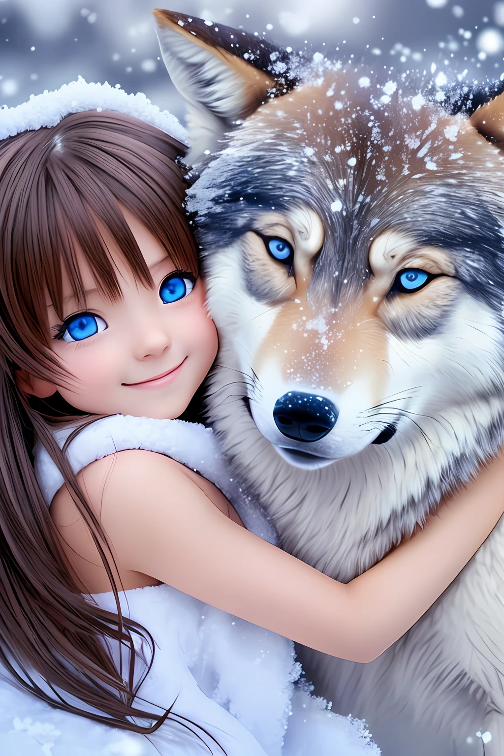 chibi, beautiful girl and wolf, snowy landscape, cuddling, light, bright background, get along, best quality, bright, smile, blue eyes, halo, lassen, real