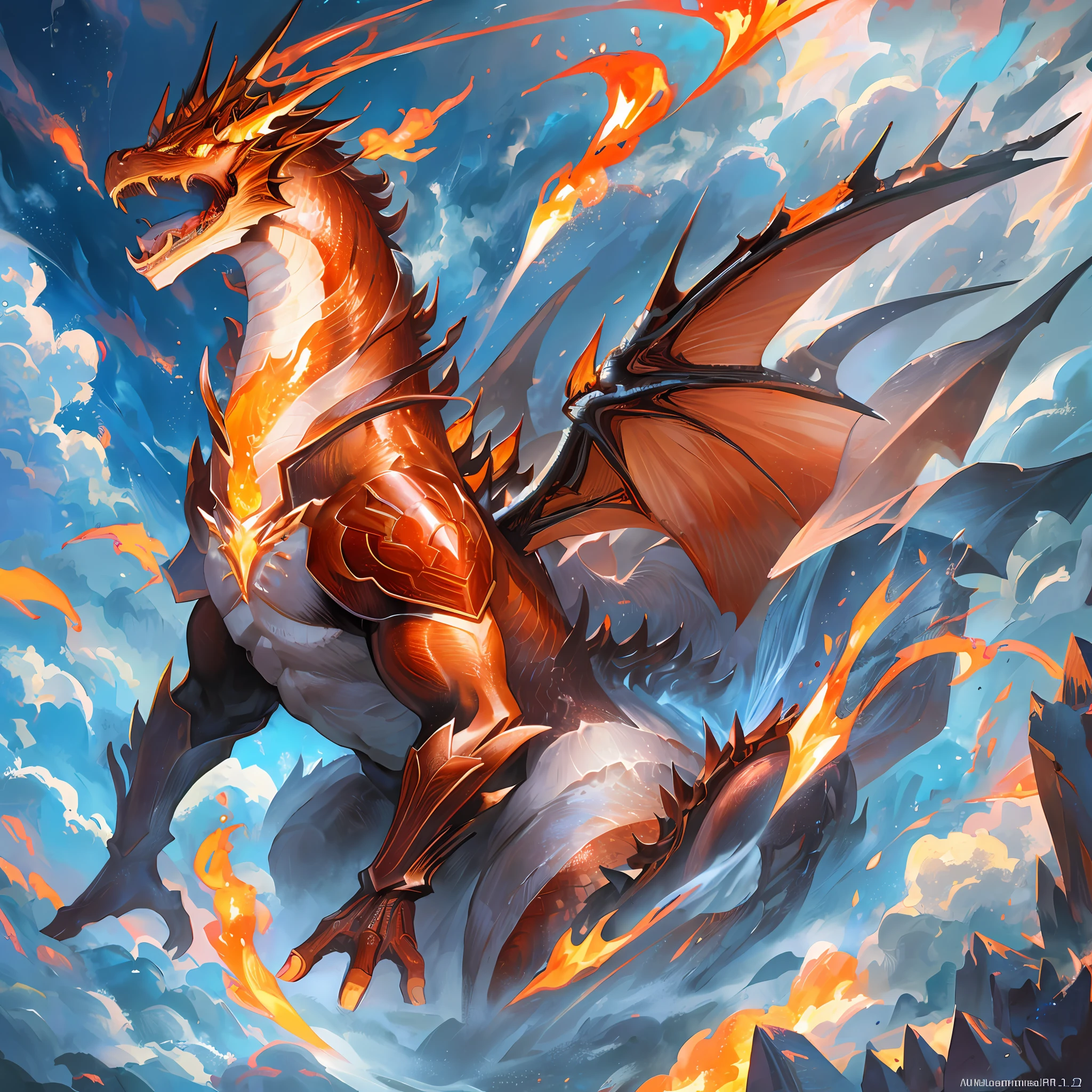 The highest image quality, striking details, ultra-high resolution, (realism: 1.4), the best illustration, favorable details, fire dragon descending from the sky --auto --s2