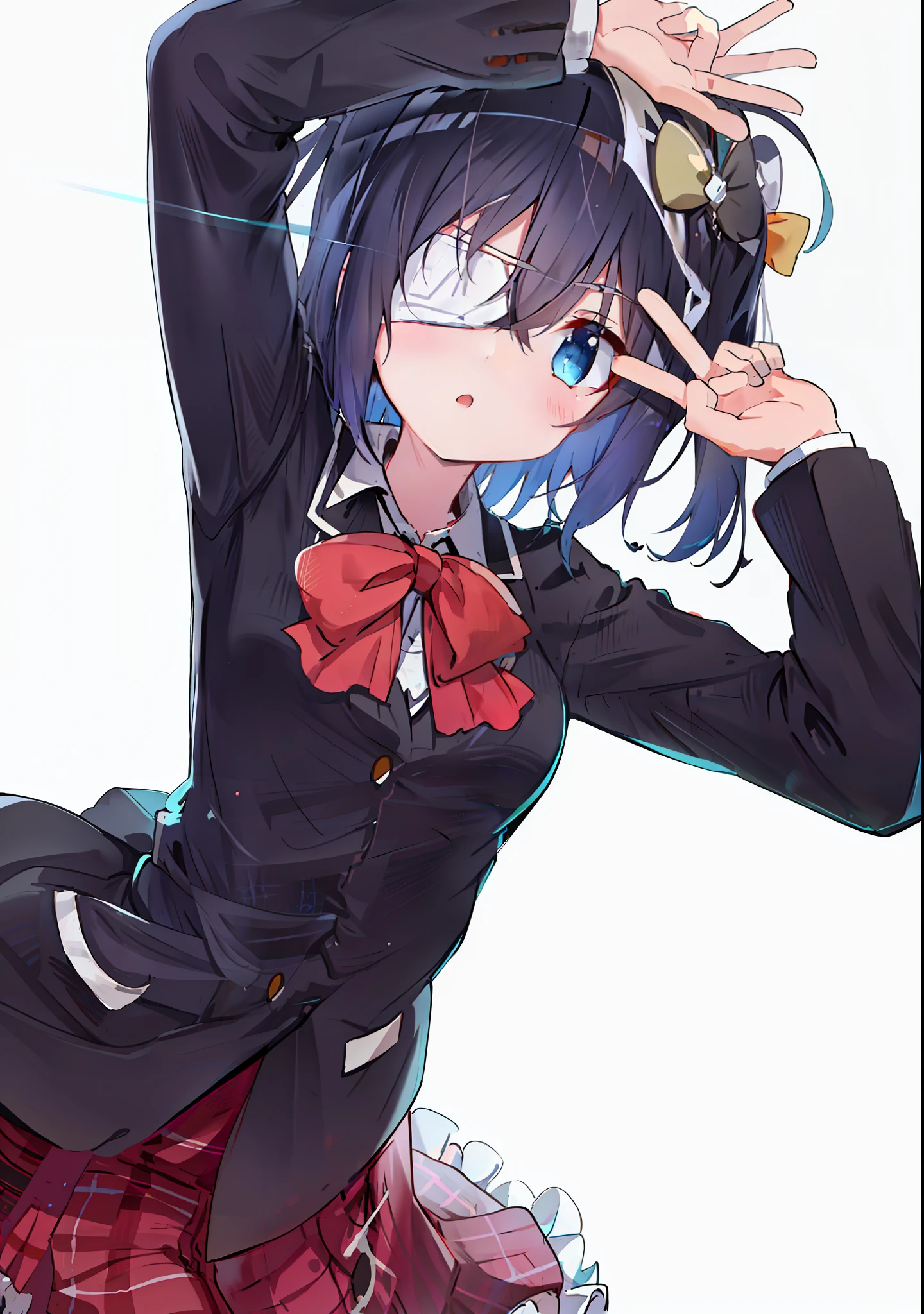 high res, masterpiece,Rikka Takanashi, black hair, solo, 1girl,outside,deatailed background, detailed eyes, ((blue eyes)), eyepatch