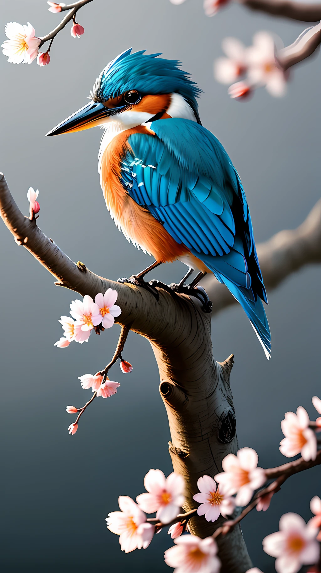 Superb Kingfisher Near White Cherry Blossoms on Branches, Dark, Dawn, (Cold Morning: 1.1), (Morning Dew: 1.15), Realistic Photography, (Low Photo: 1.2), Detail, 8K, Intricate Folded Feathers, Water Droplets on Feathers, (to8contrast style), (MIST: 0.7), Bright Colors, Sony a6600 Mirrorless Camera, embellish2 --v 6