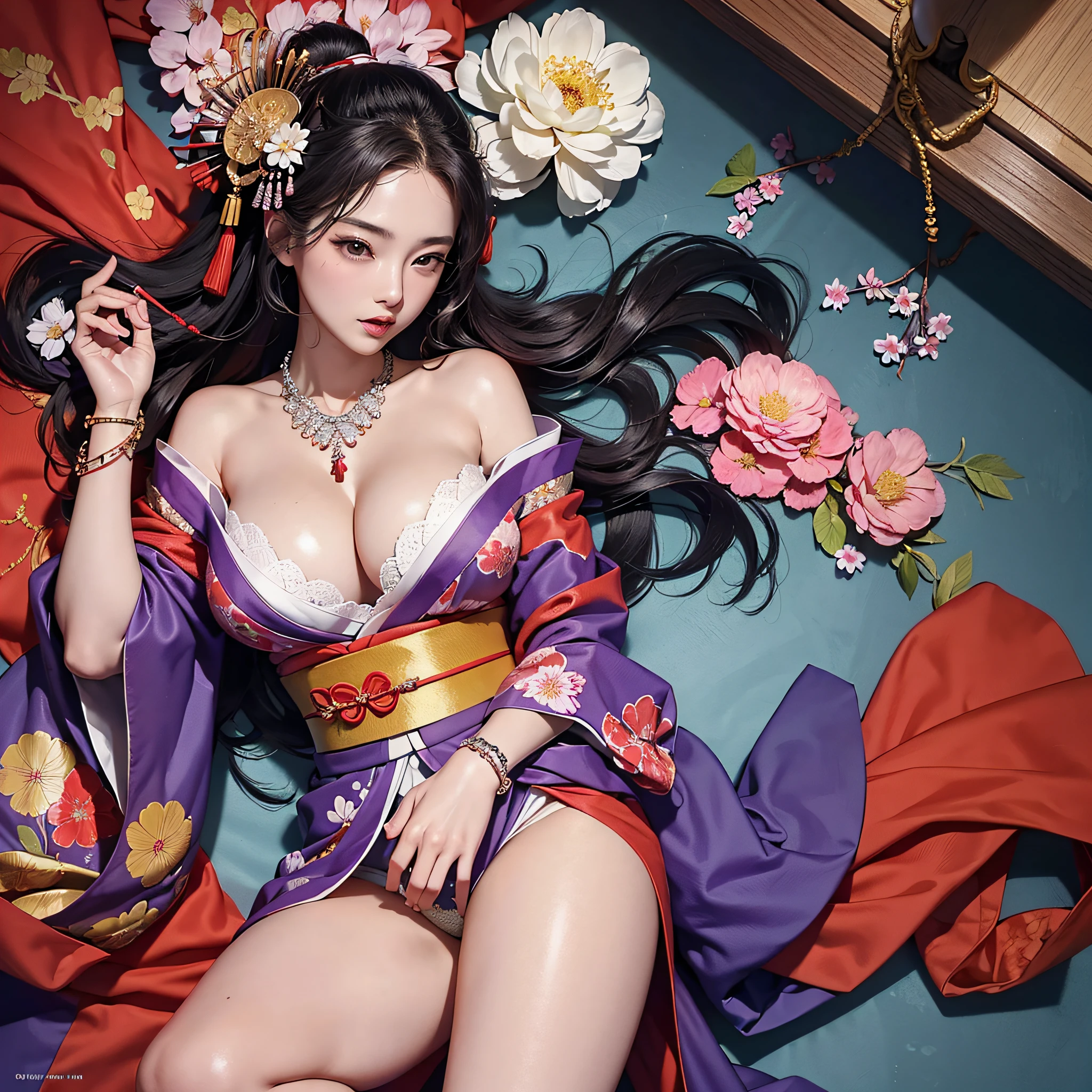 ((legs wide open, crotch wide open)), (cinematic light, top quality, 8K, masterpiece: 1.3), (world wonderful, goddess of Japan, Japan beautiful girl, Korean goddess), (upper body), (one girl), (necklace, bracelet, anklet, leg ring), (huge, cleavage, exposed breasts, sexy cleavage, very detailed breasts), (huge breasts), À la Fed woman in kimono, kimono, classic kimono, kimono, Japan kimono, long beautiful flowing kimono, intricate geisha kimono, red or purple kimono with floral pattern, Japanese style, wearing kimono, legs wide open, crotch wide open, inspired by Kano Hogai,
