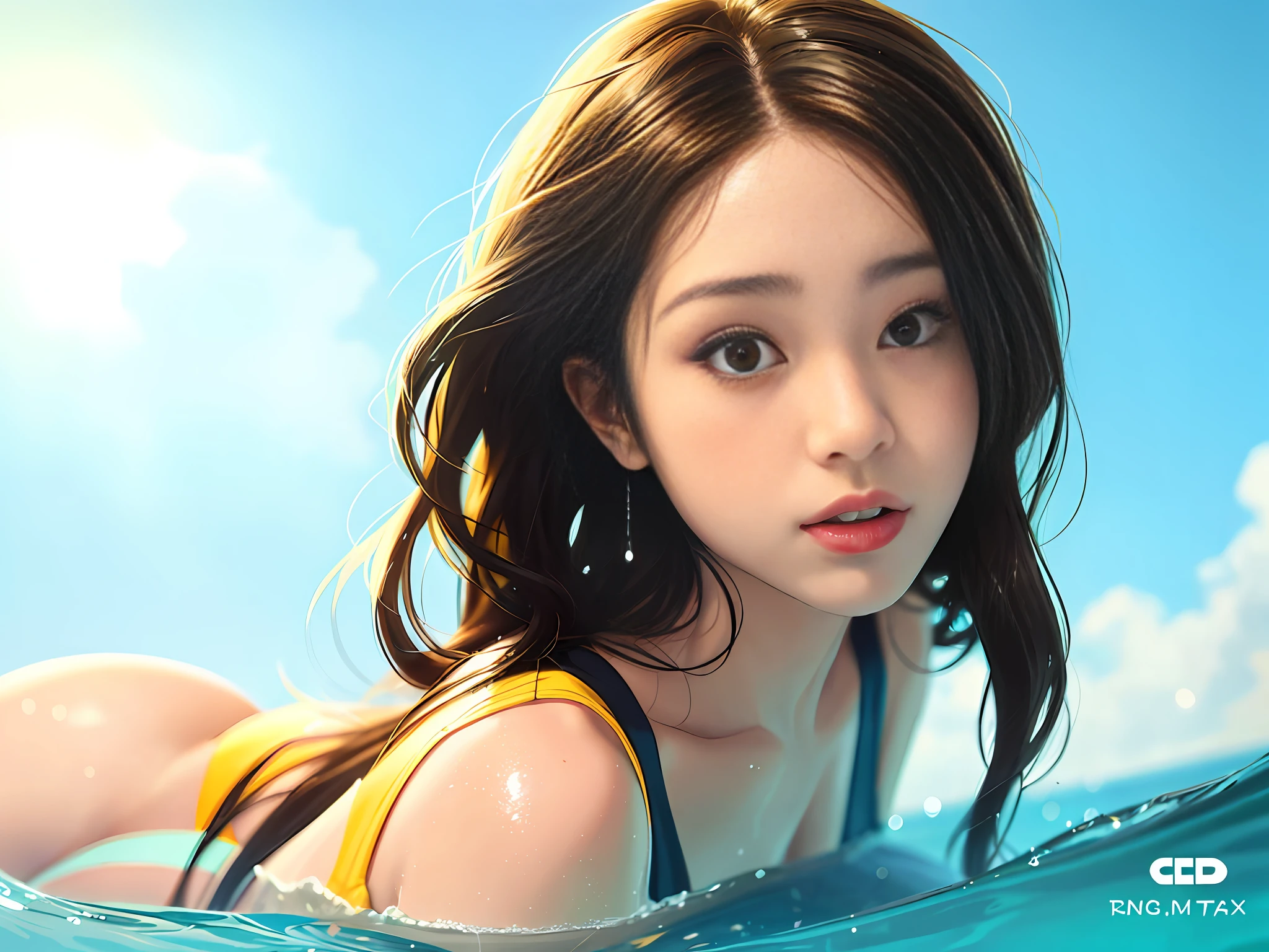 anime girl in yellow swimsuit in water, beautiful anime girl, smooth anime CG art, realistic cute girl painting, beautiful anime face, realistic anime, beautiful digital artwork, beautiful and attractive anime , beautiful anime woman, realistic anime art style, realistic young anime girl, beautiful anime portrait, attractive anime girl,