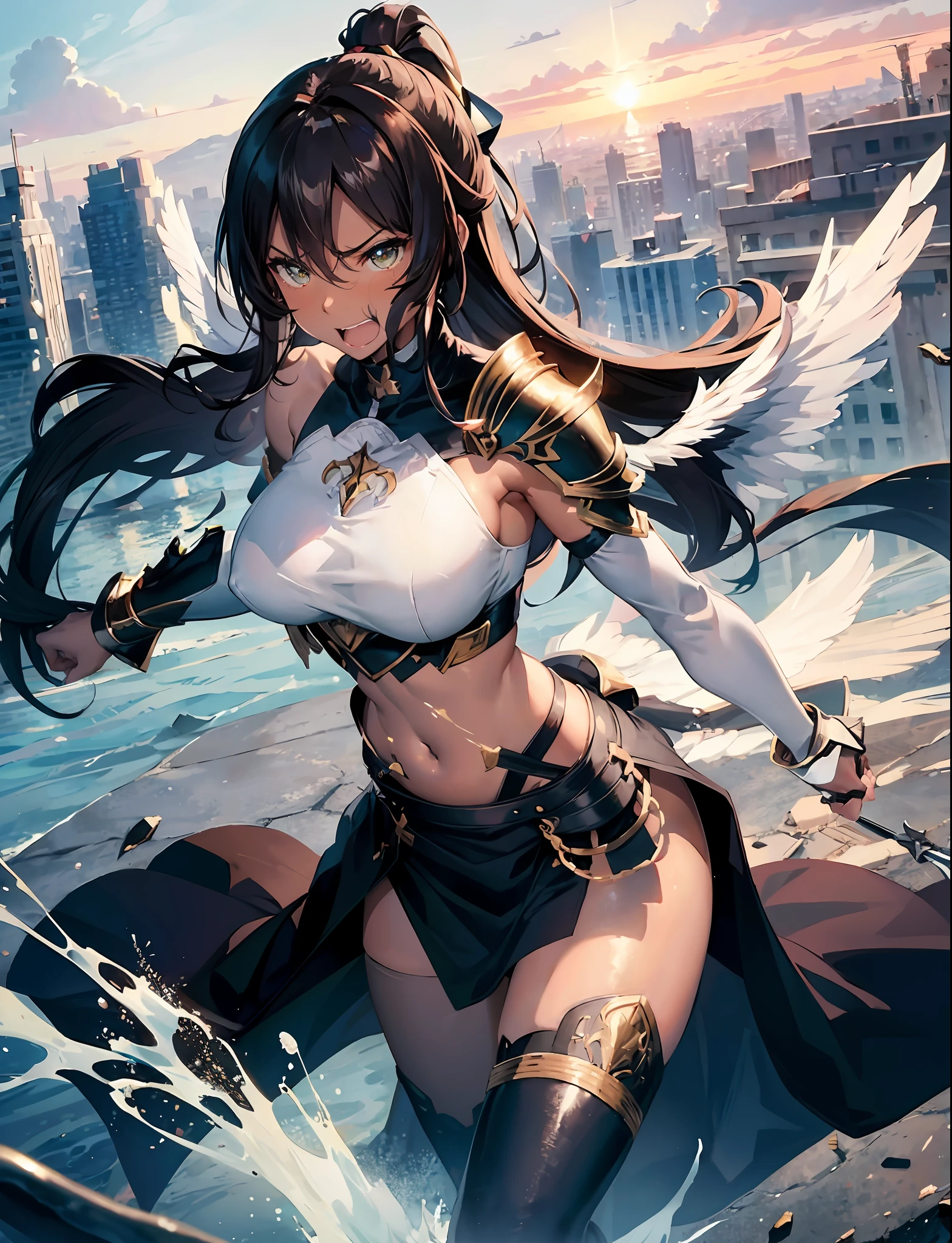 fantasy, 1angel_girl, brown_hair, ponytail_hair, (dark_skin)+, stout, bare_shoulder, navel, thigh,silver_shiny_armor, white_clothes,waist_armor, grebe, hold_swords, big_, angry, dynamic_fighting_pose, floating, (1pair_white_wings), sunrise_city_background,(pelvic_curtain)++, open_mouth, headgear, large_ass,public_indecency,