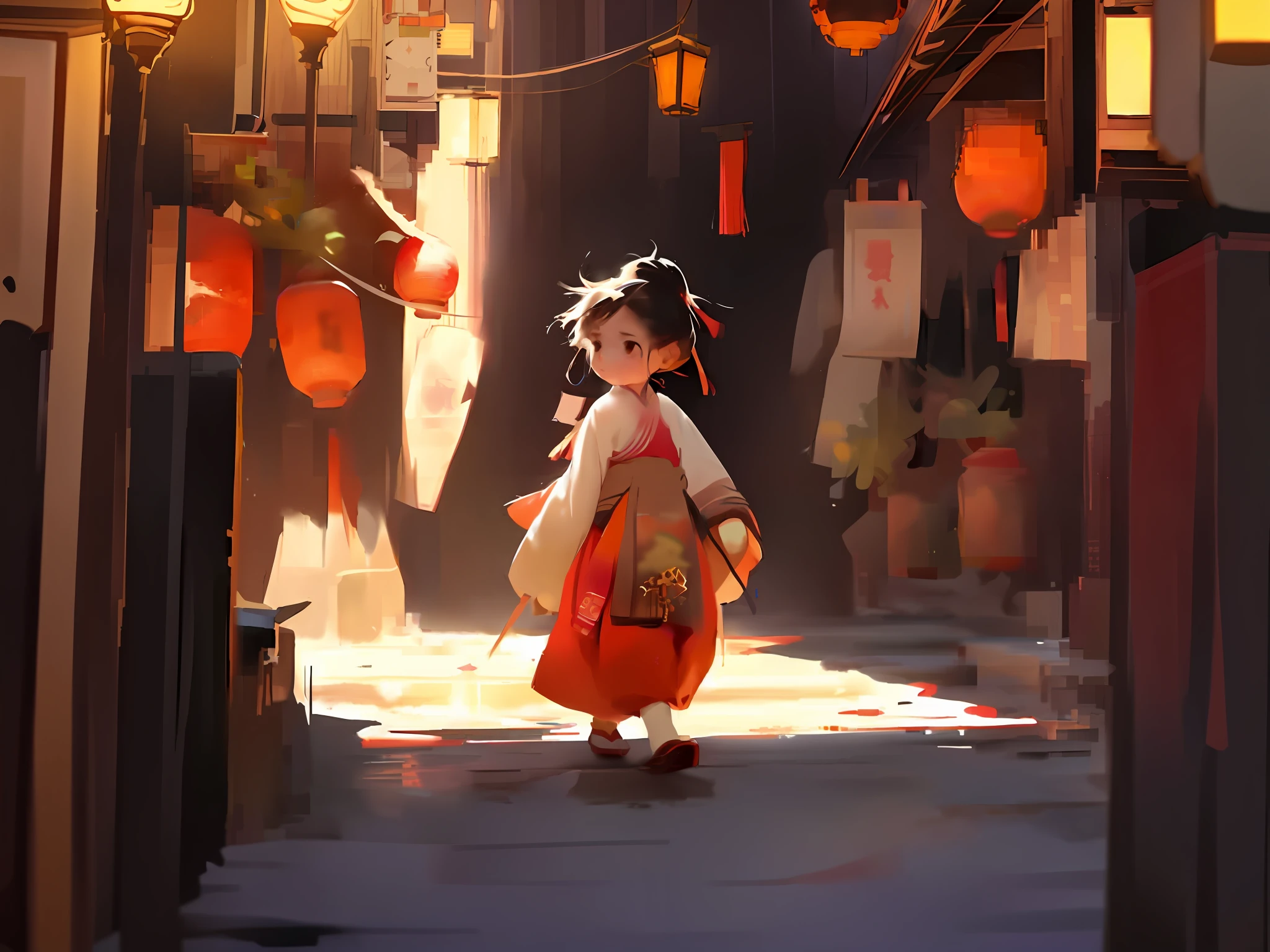 anime girl in traditional dress walking down a street with lanterns, artwork in the style of guweiz, guweiz, adorable digital painting, palace , a girl in hanfu, beautiful character painting, rossdraws global illumination, atey ghailan 8 k, by Yang J, by Li Song, guweiz masterpiece, guweiz on artstation pixiv