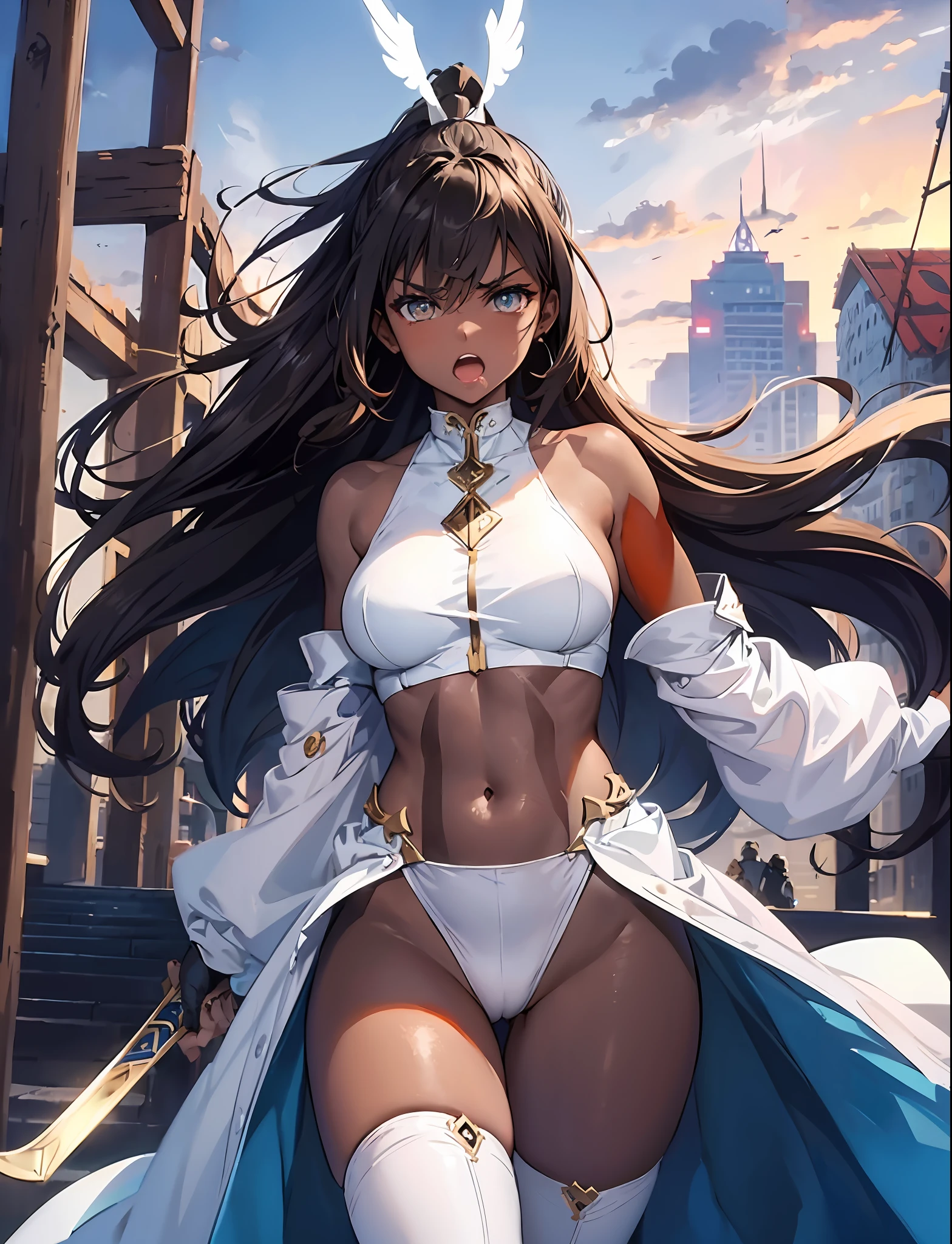 fantasy, 1angel_girl, brown_hair, ponytail_hair, (dark_skin)+, stout, bare_shoulder, navel, thigh,silver_shiny_armor, white_clothes,waist_armor, grebe, hold_swords, big_, angry, dynamic_fighting_pose, floating, (1pair_white_wings), sunrise_city_background,(pelvic_curtain)++, open_mouth, headgear, large_ass,public_indecency,